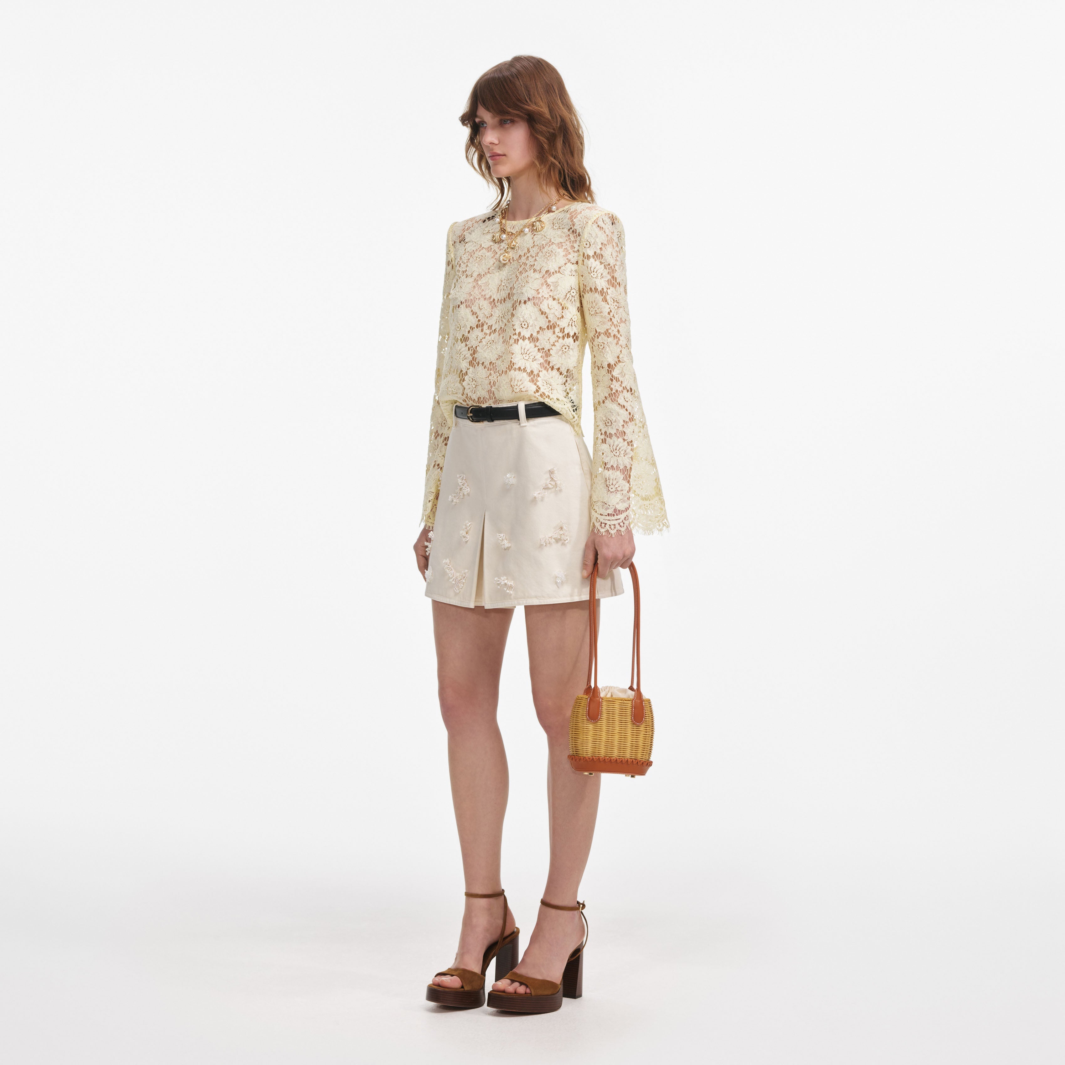 Yellow Lace Fluted Sleeve Top