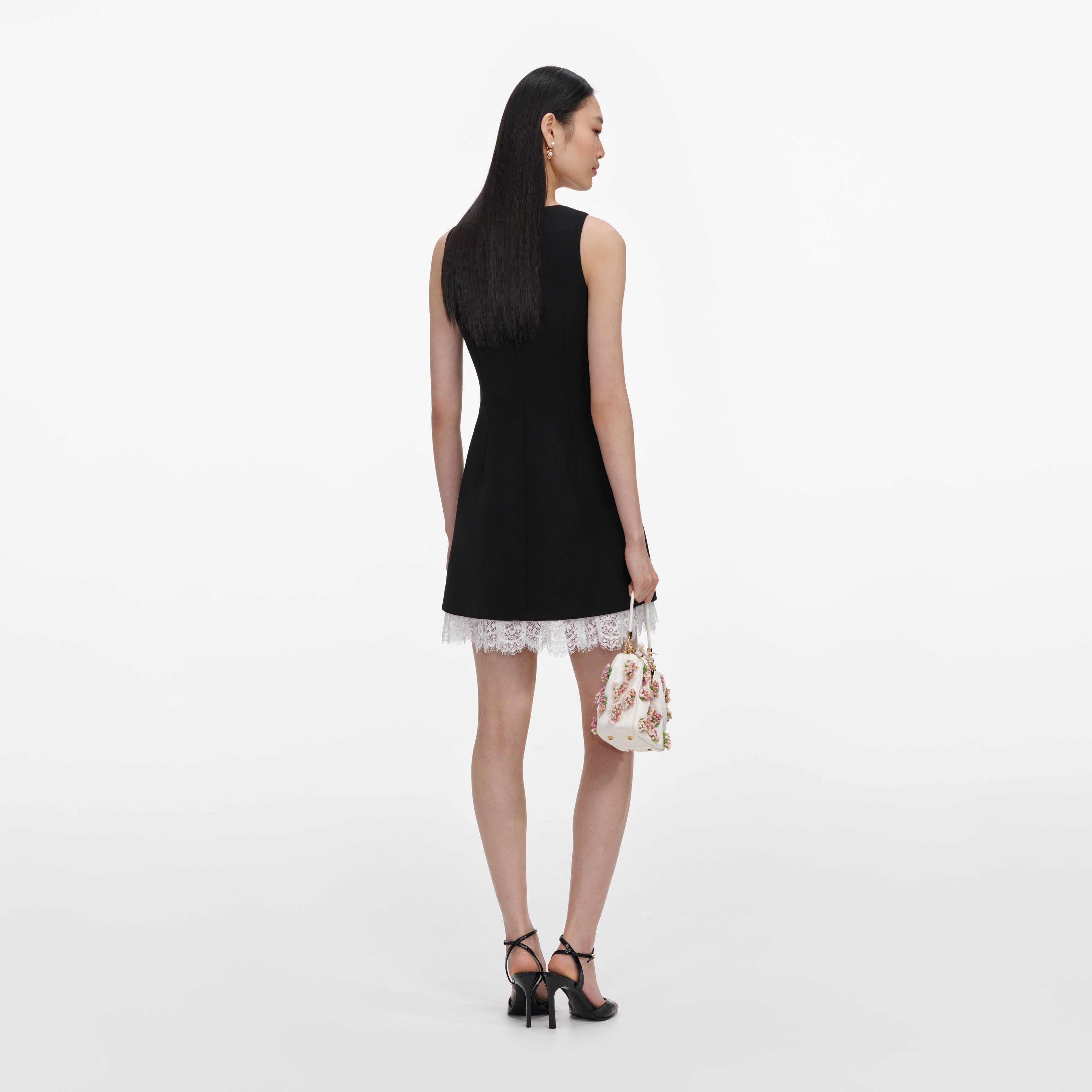 Black Crepe Bow Lace Mini Dress