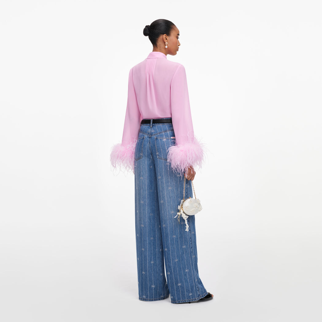Pink Georgette Feather Cuff Blouse