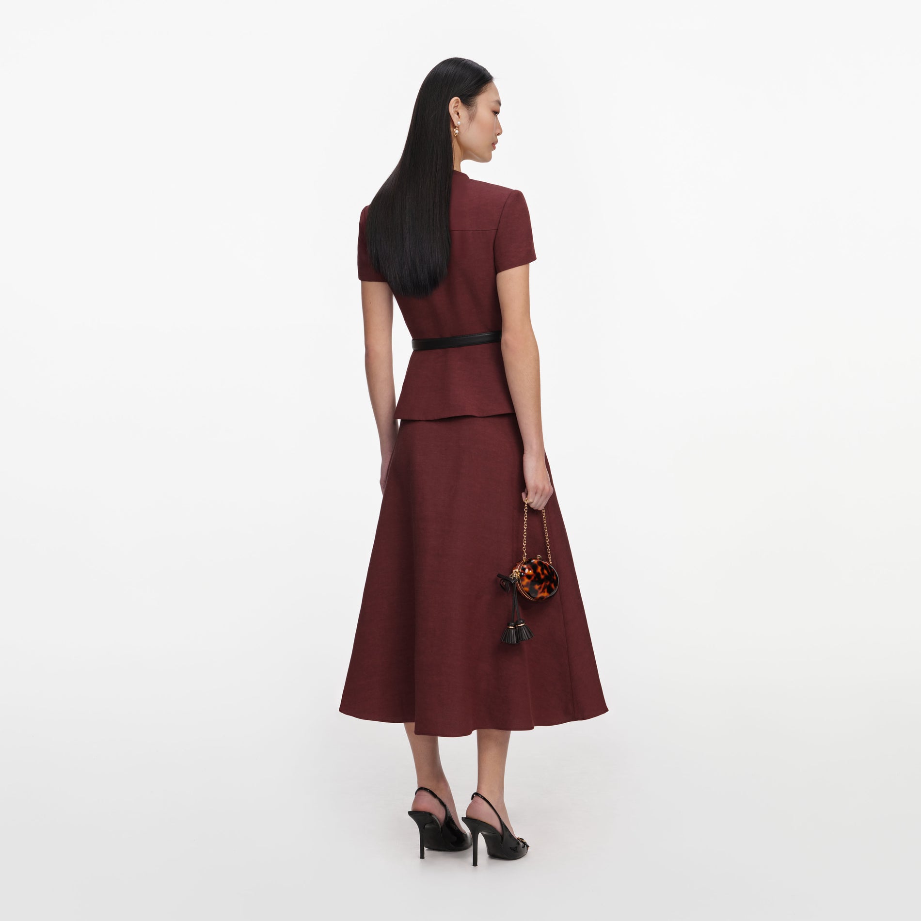 Brown Peplum Linen Blend Midi Dress