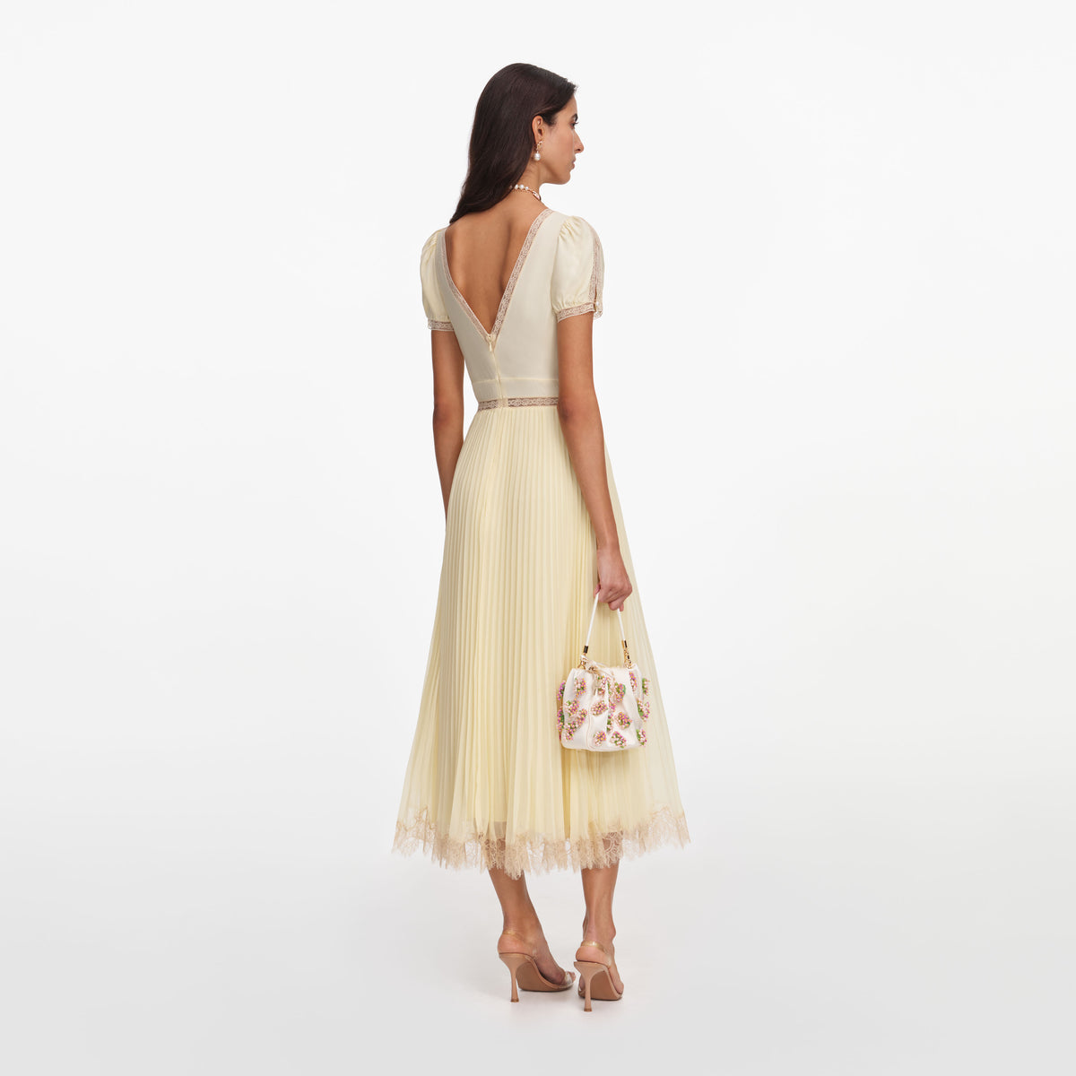 Yellow Viscose Pleated Lace Midi Dress