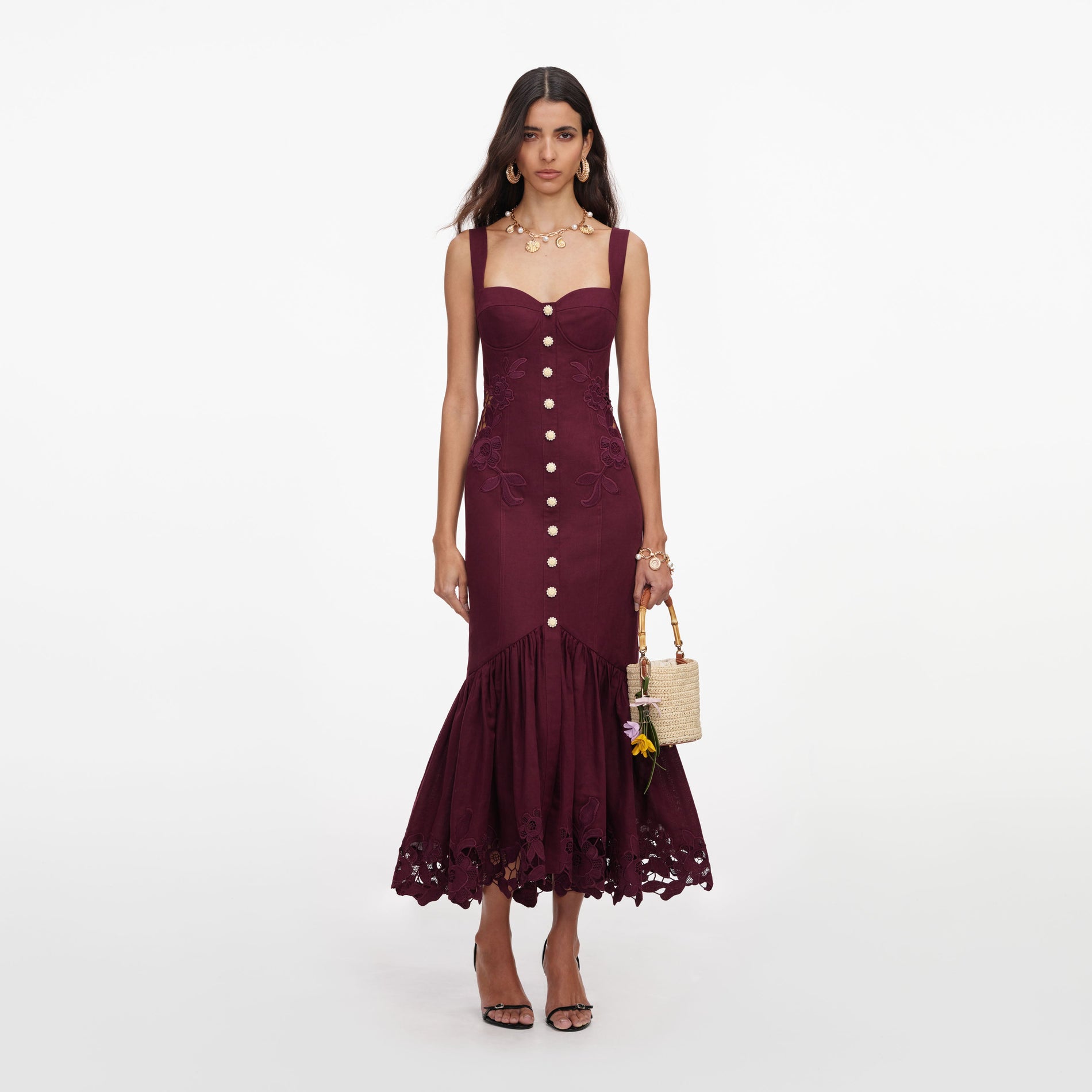 Front view of a woman wearing the Plum Linen Blend Lace Midi Dress