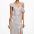 Champagne Rhinestone Ruffle Draped Maxi Dress