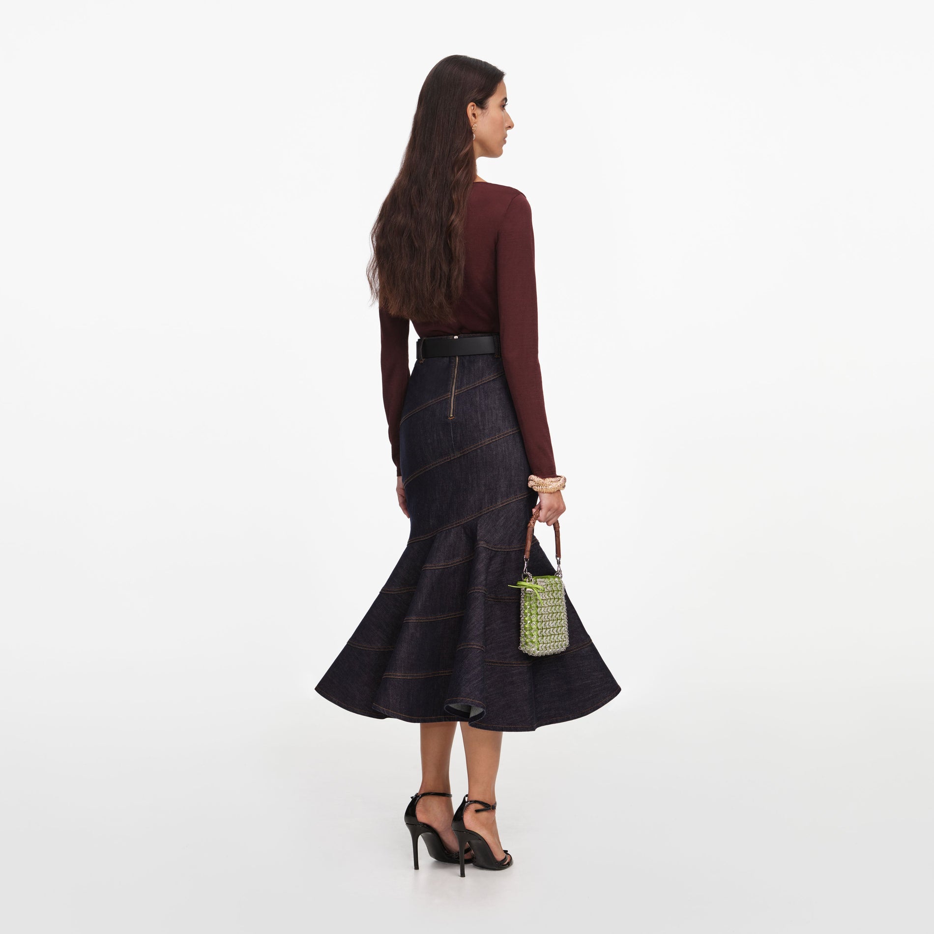 Back view of a woman wearing the Brown Viscose Knit Bodysuit