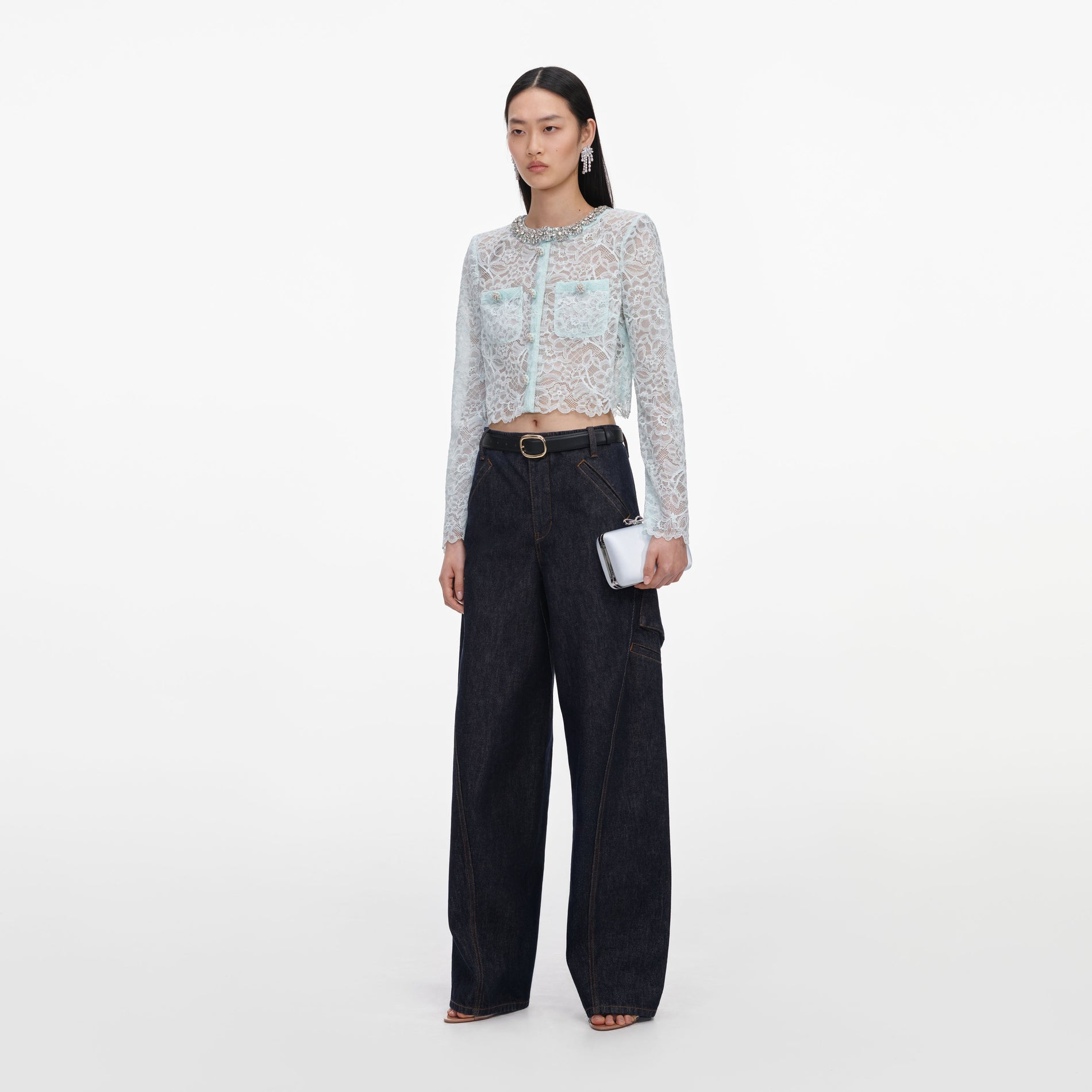 Side view of a woman wearing the Mint Lace Crystal Embellished Jacket