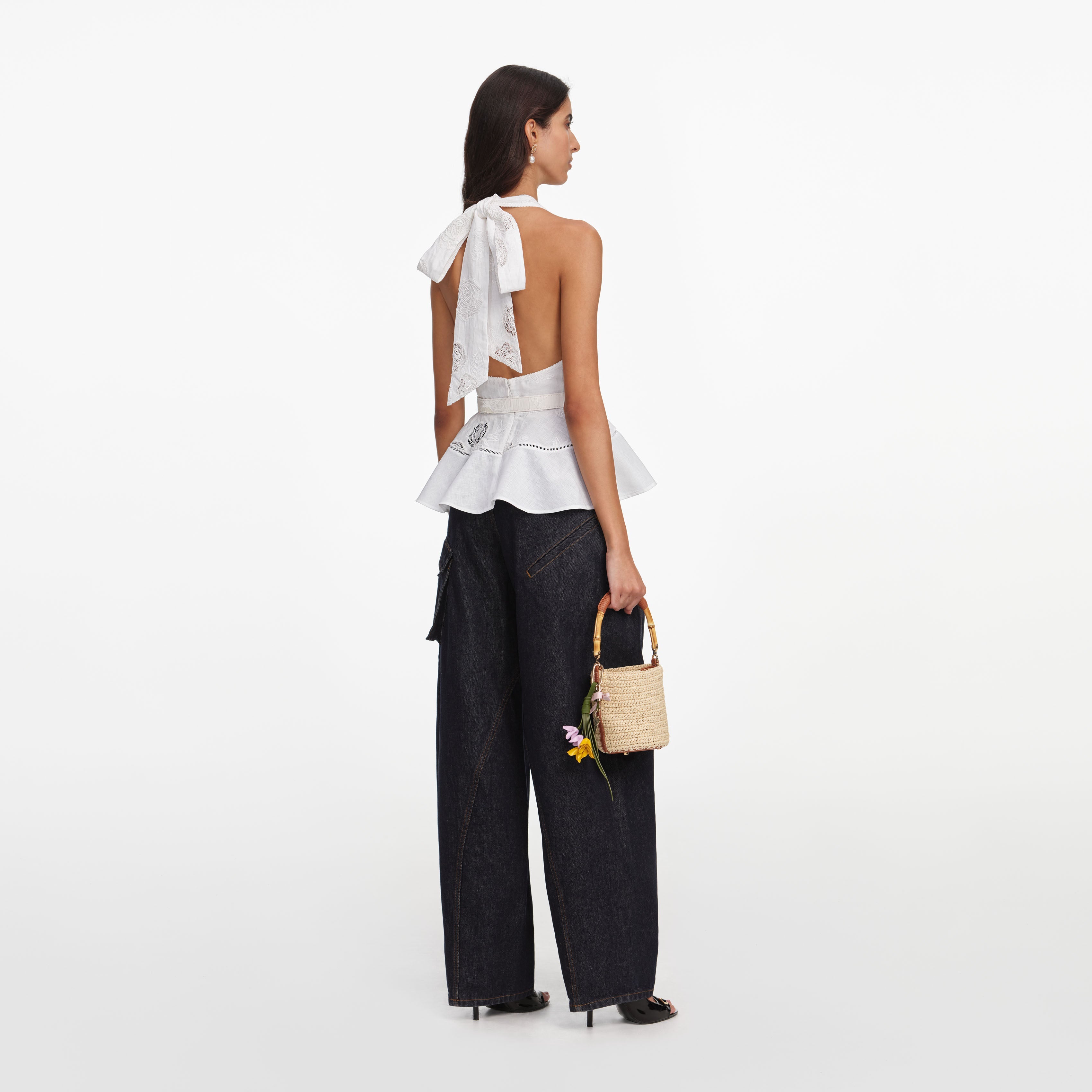 White Linen Blend Peplum Top