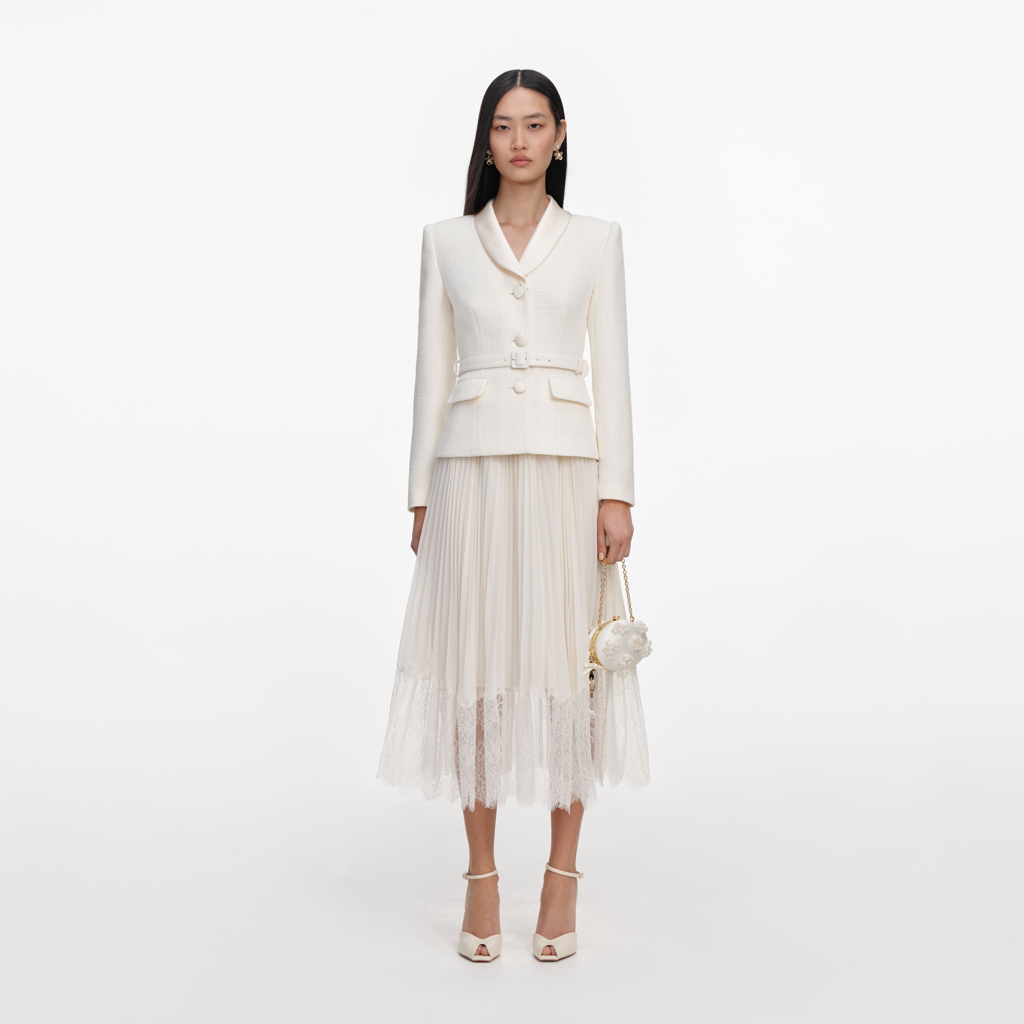 Cream Boucle Shawl Collared Midi Dress