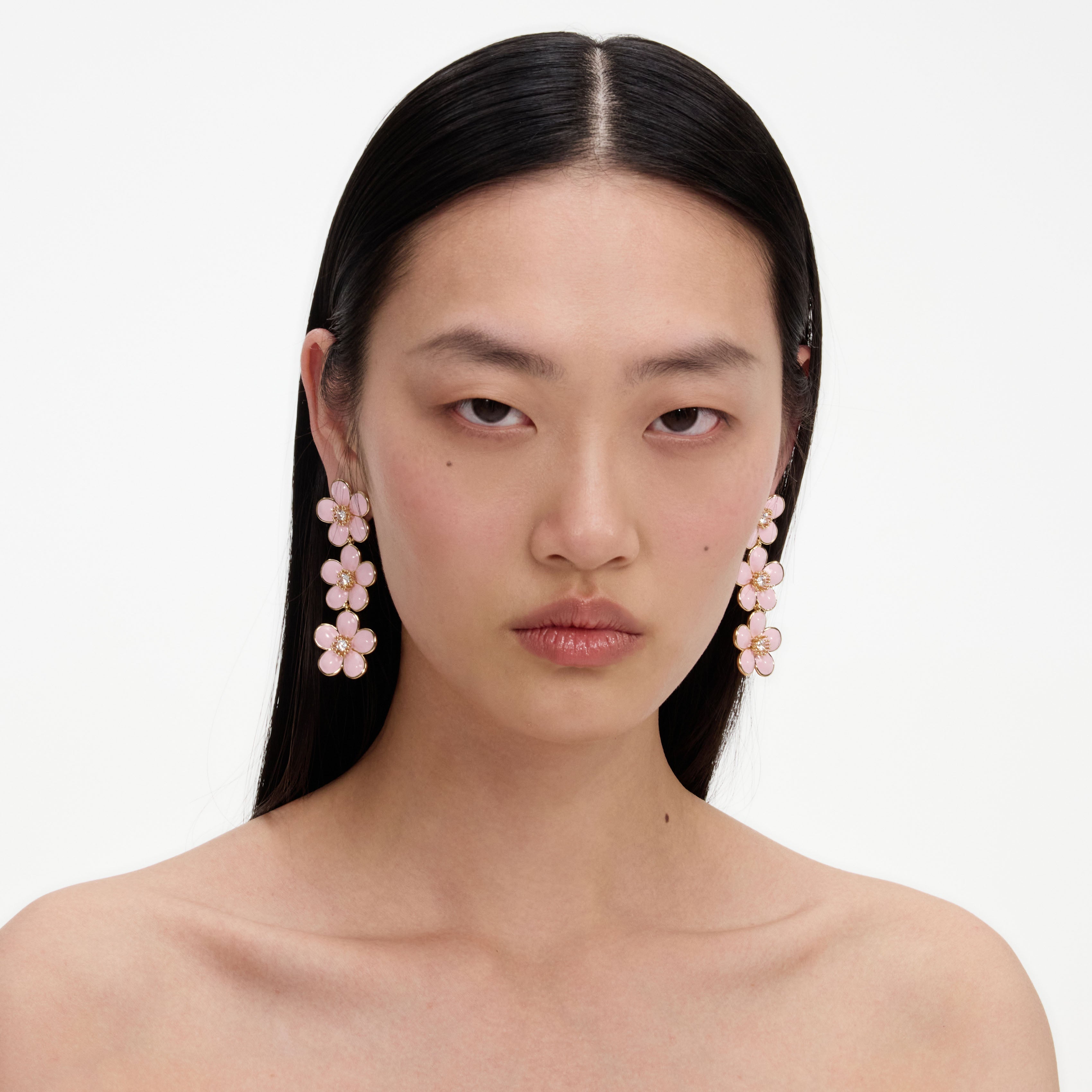 Pink Enamel Flower Tiered Earrings