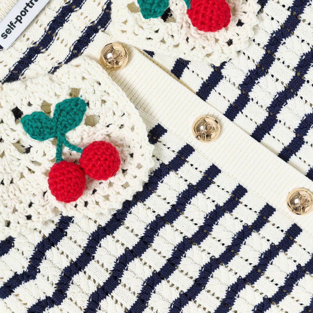 Self-Portrait navy and white striped cardigan with gold buttons and red cherry details