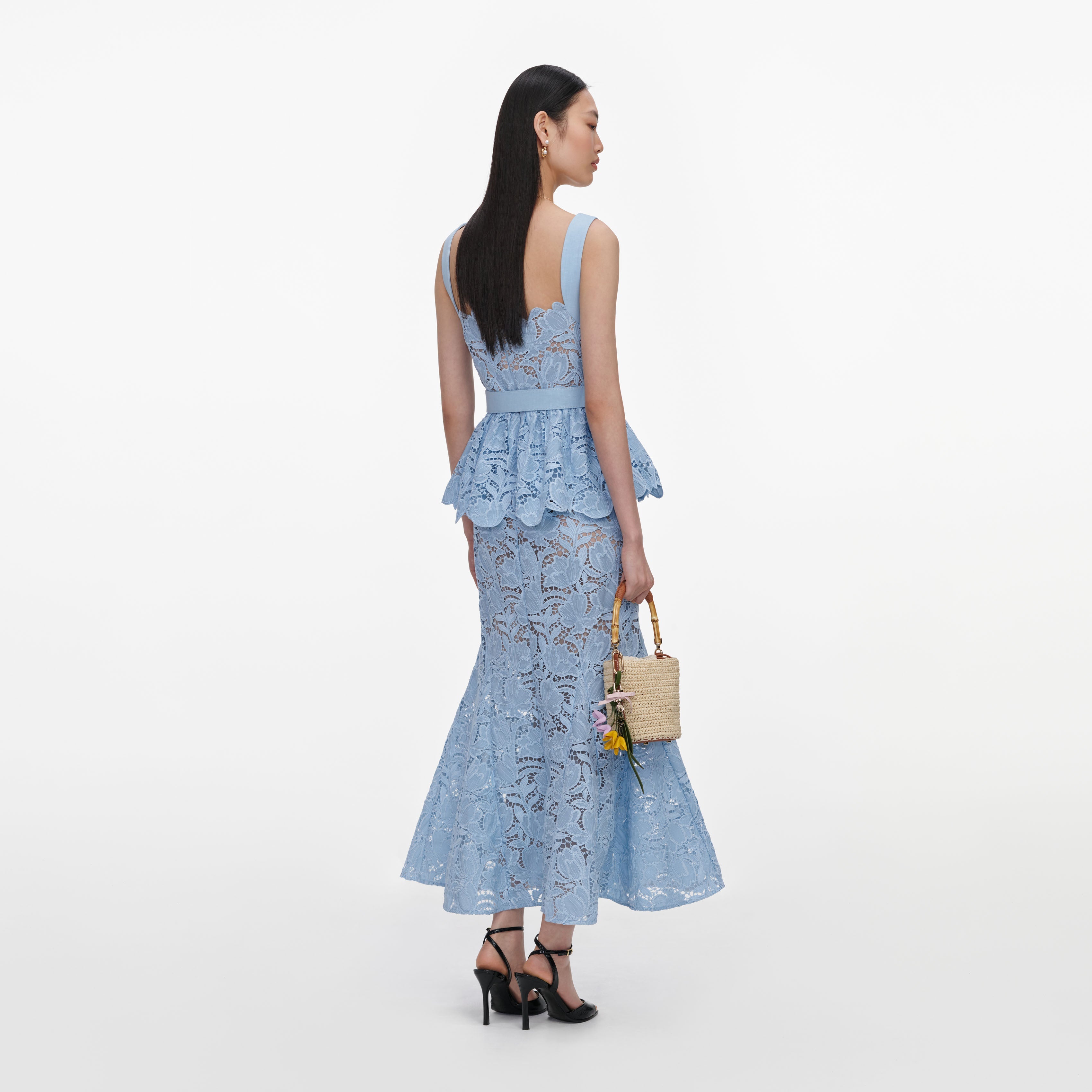 Blue Lace Peplum Midi Dress