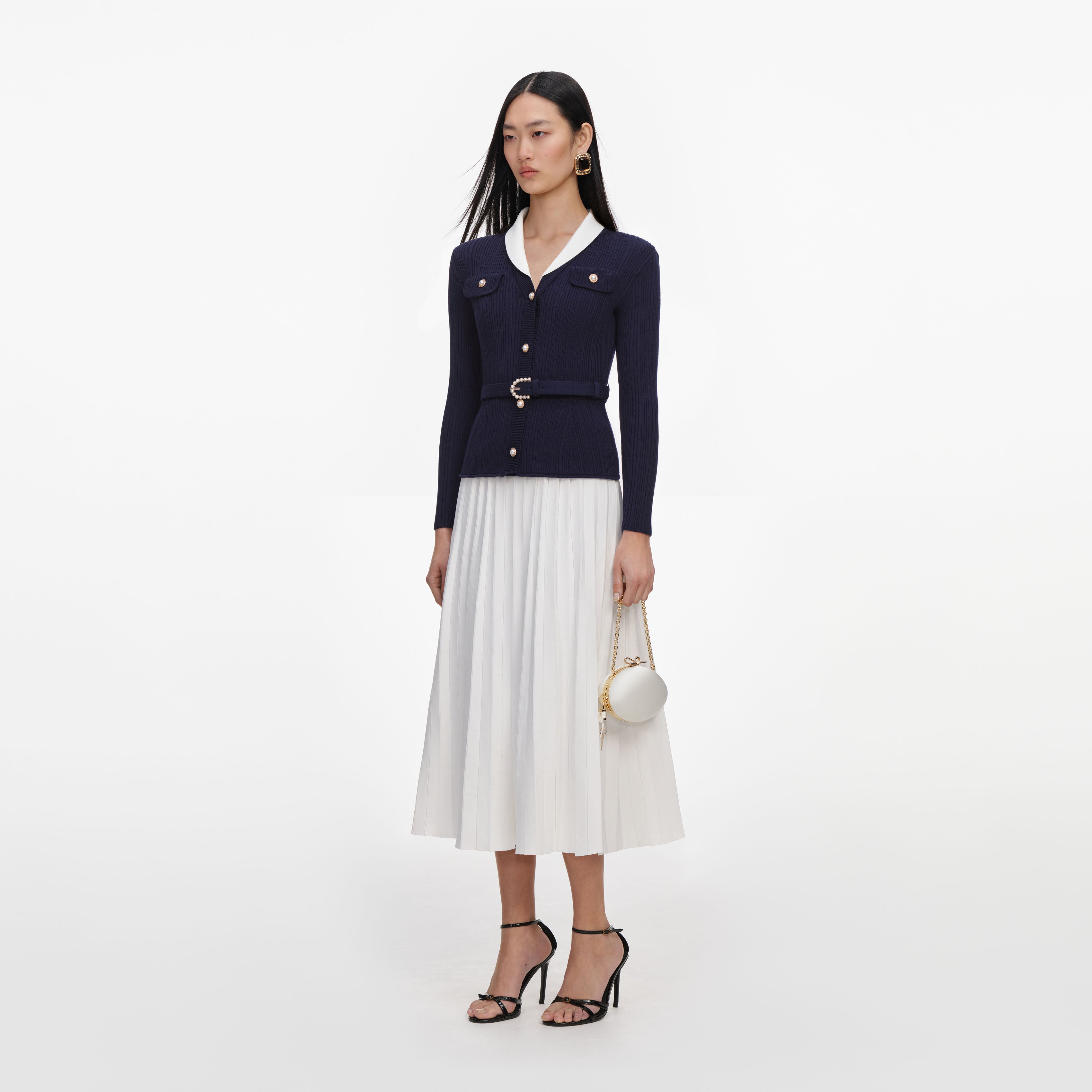 Navy Ribbed Knit Contrast Midi Dress