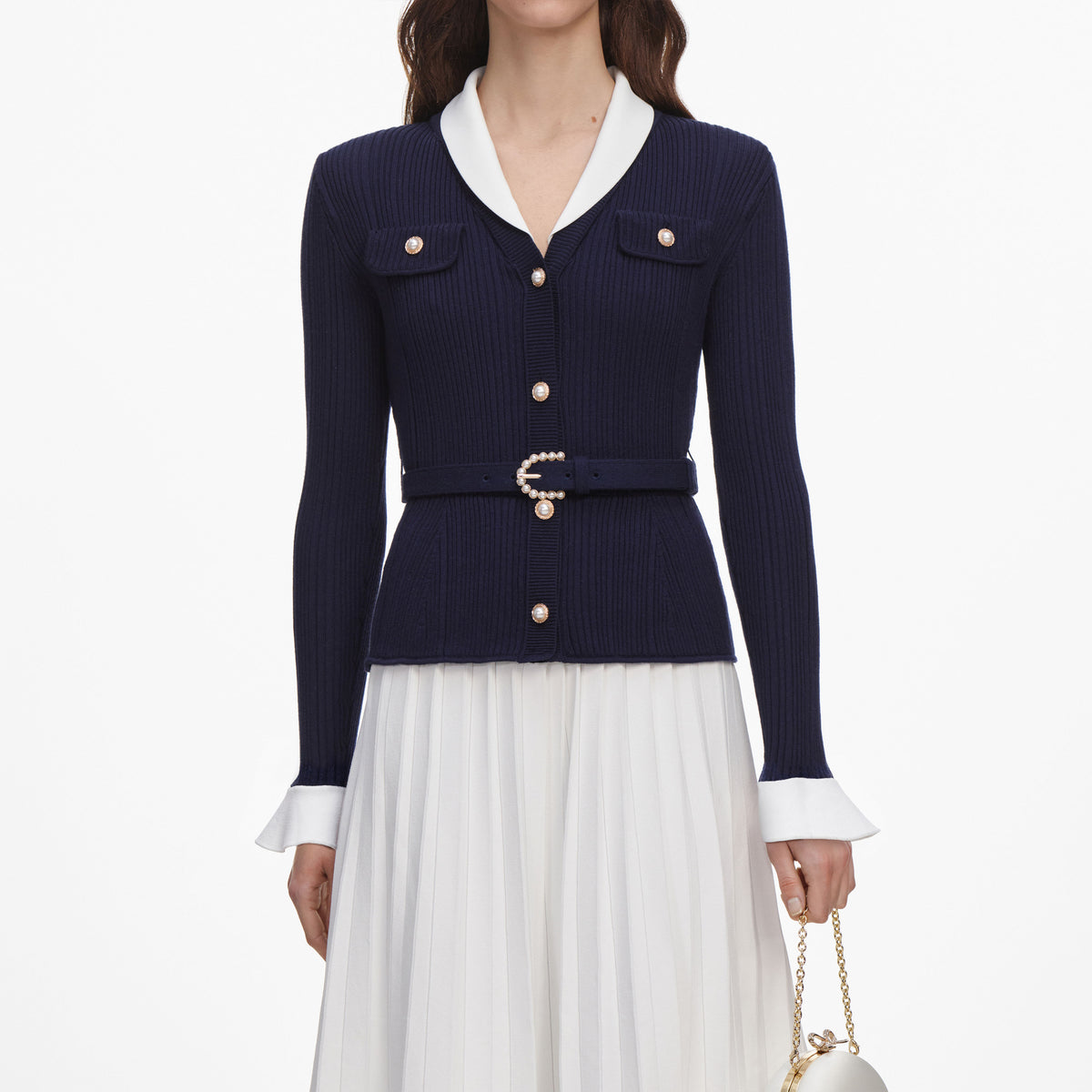 Navy Ribbed Knit Contrast Midi Dress