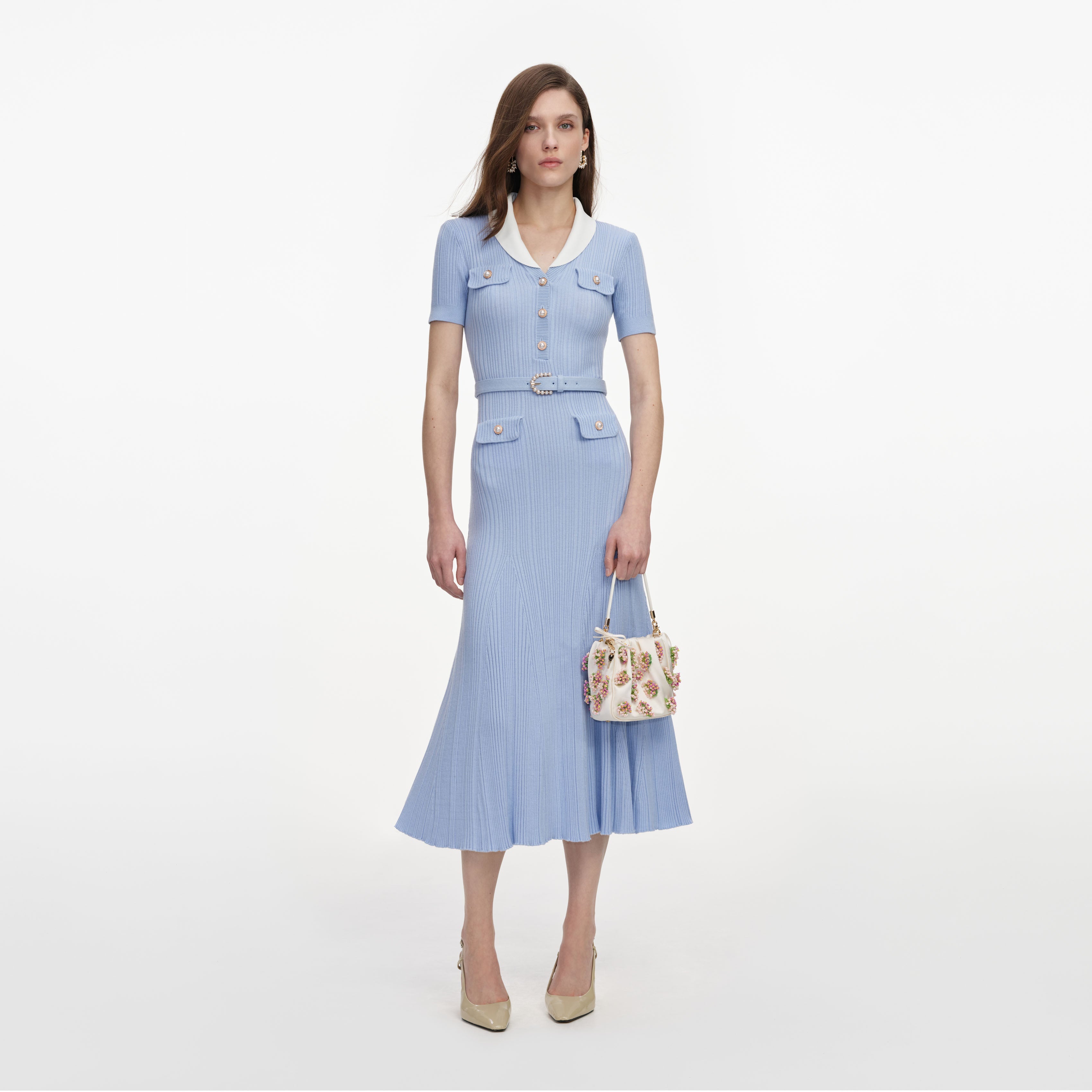 Blue Ribbed Knit Midi Dress