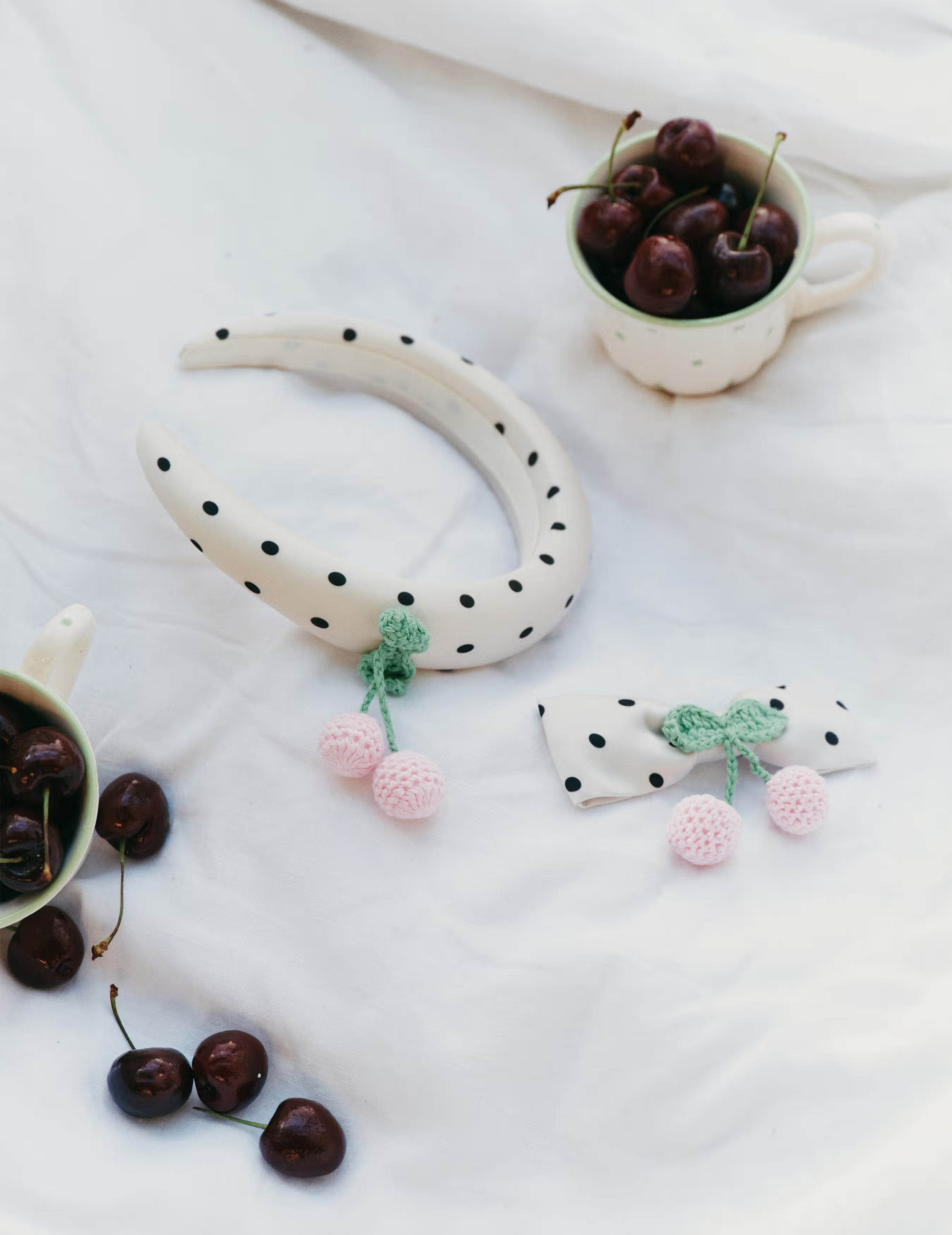 Cream Polka Dot Cherry Motif Hair Clip