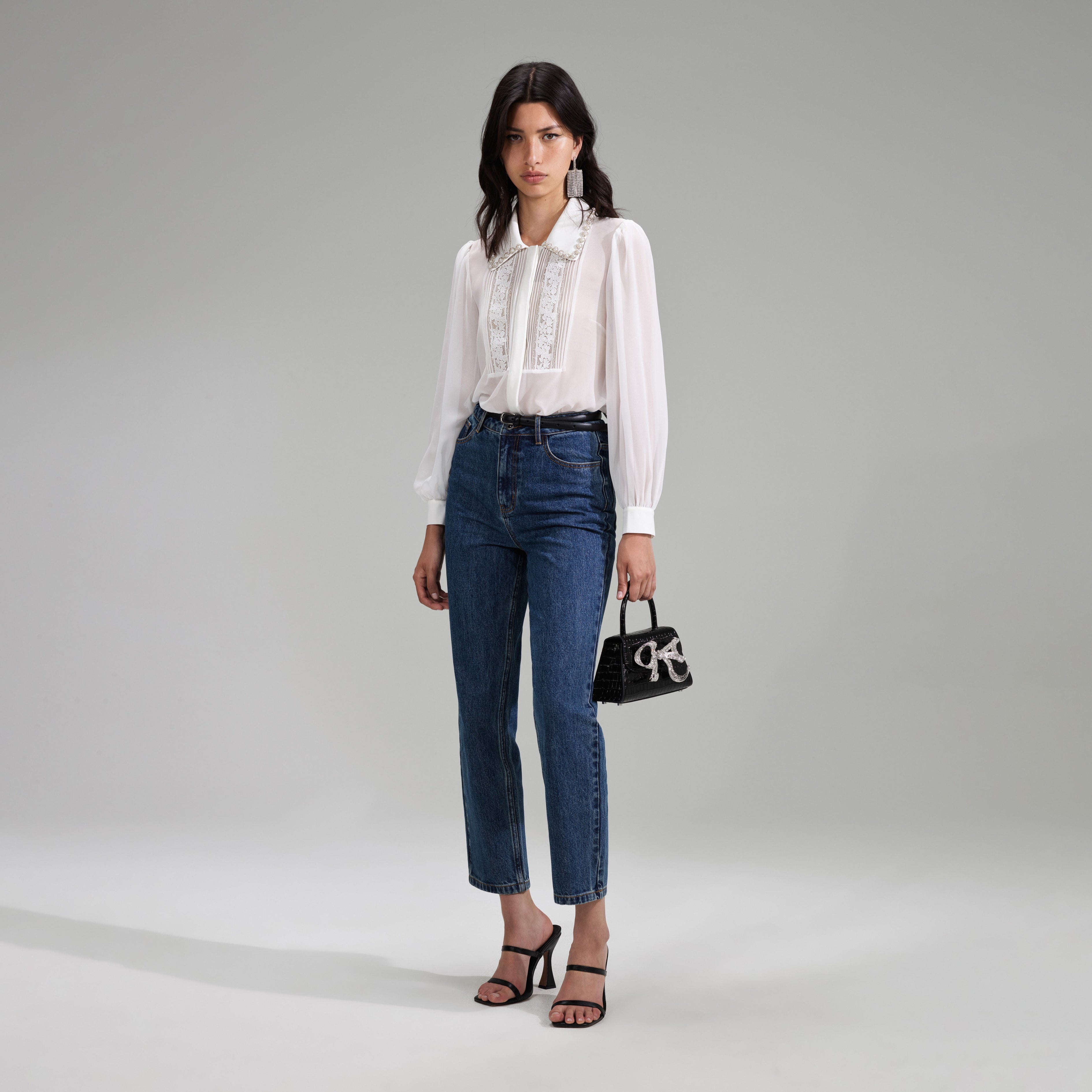 White Chiffon Rhinestone Detail Top