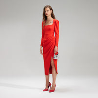 Red Crepe Ruched Midi Dress