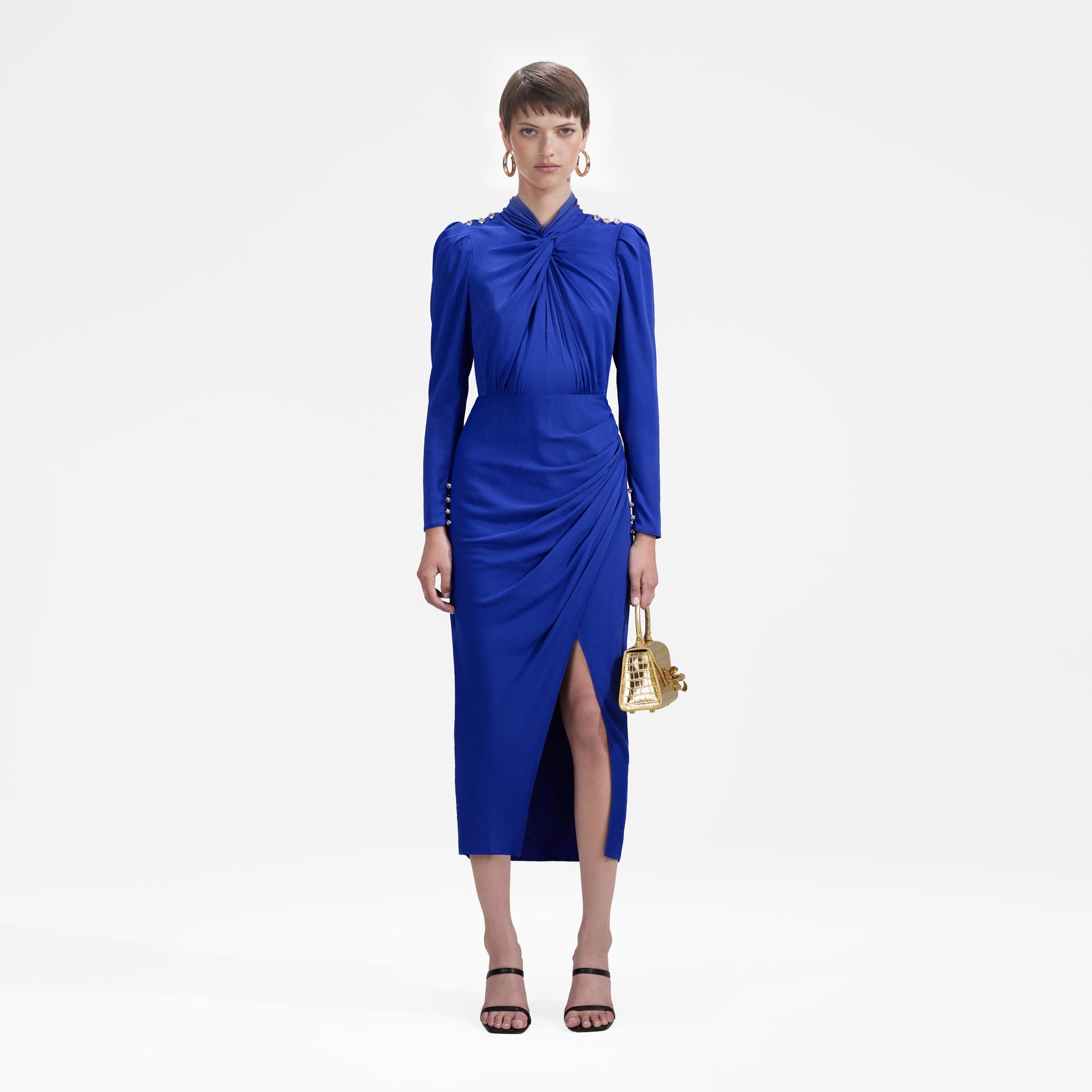 Blue Stretch Crepe Twisted Collar Midi Dress