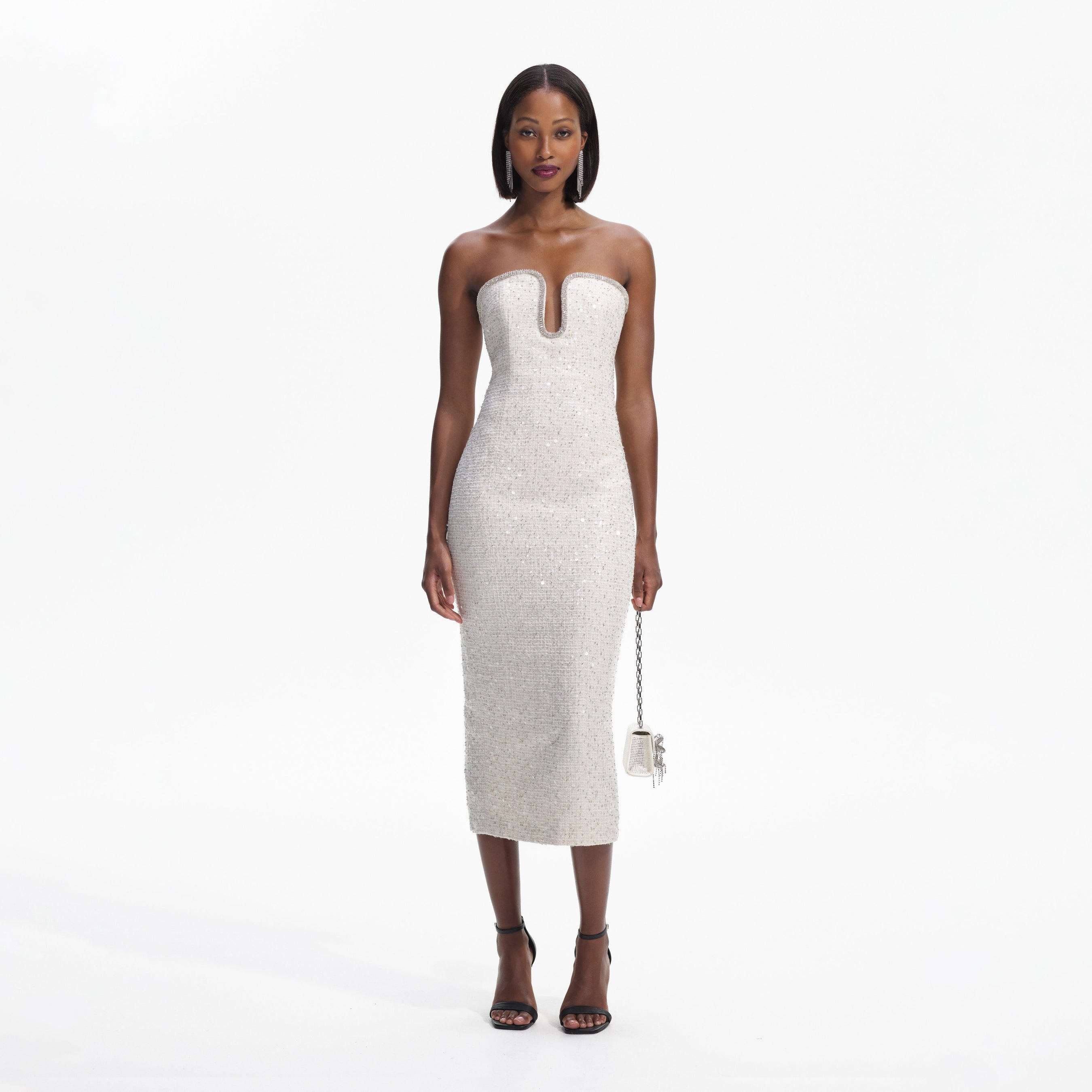 Cream Sequin Boucle Strapless Midi Dress