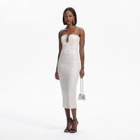 Cream Sequin Boucle Strapless Midi Dress