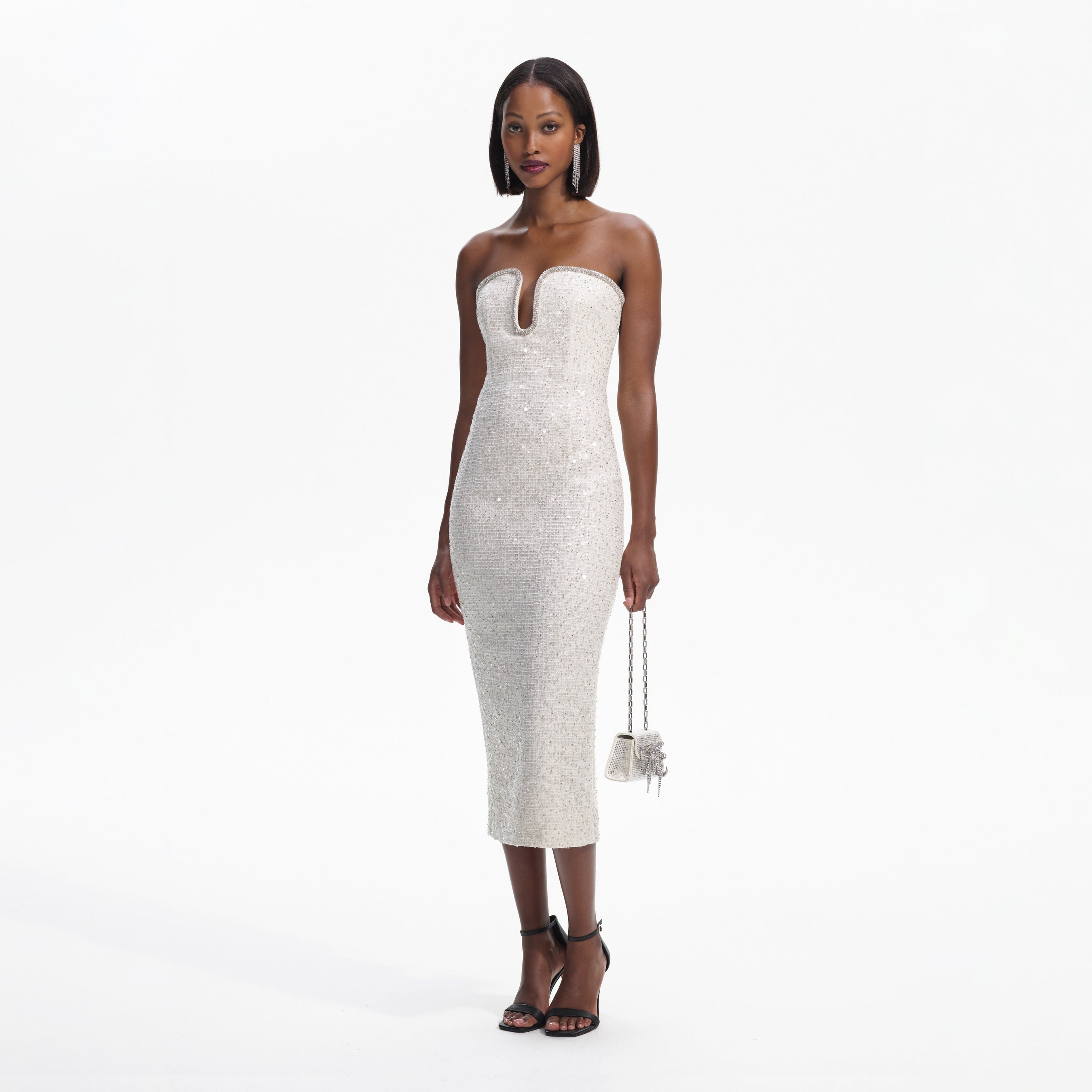 Cream Sequin Boucle Strapless Midi Dress