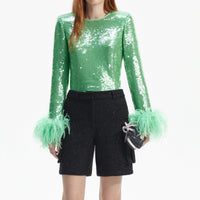 Mint Sequin Feather Top