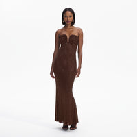 Brown Rhinestone Mesh Maxi Dress