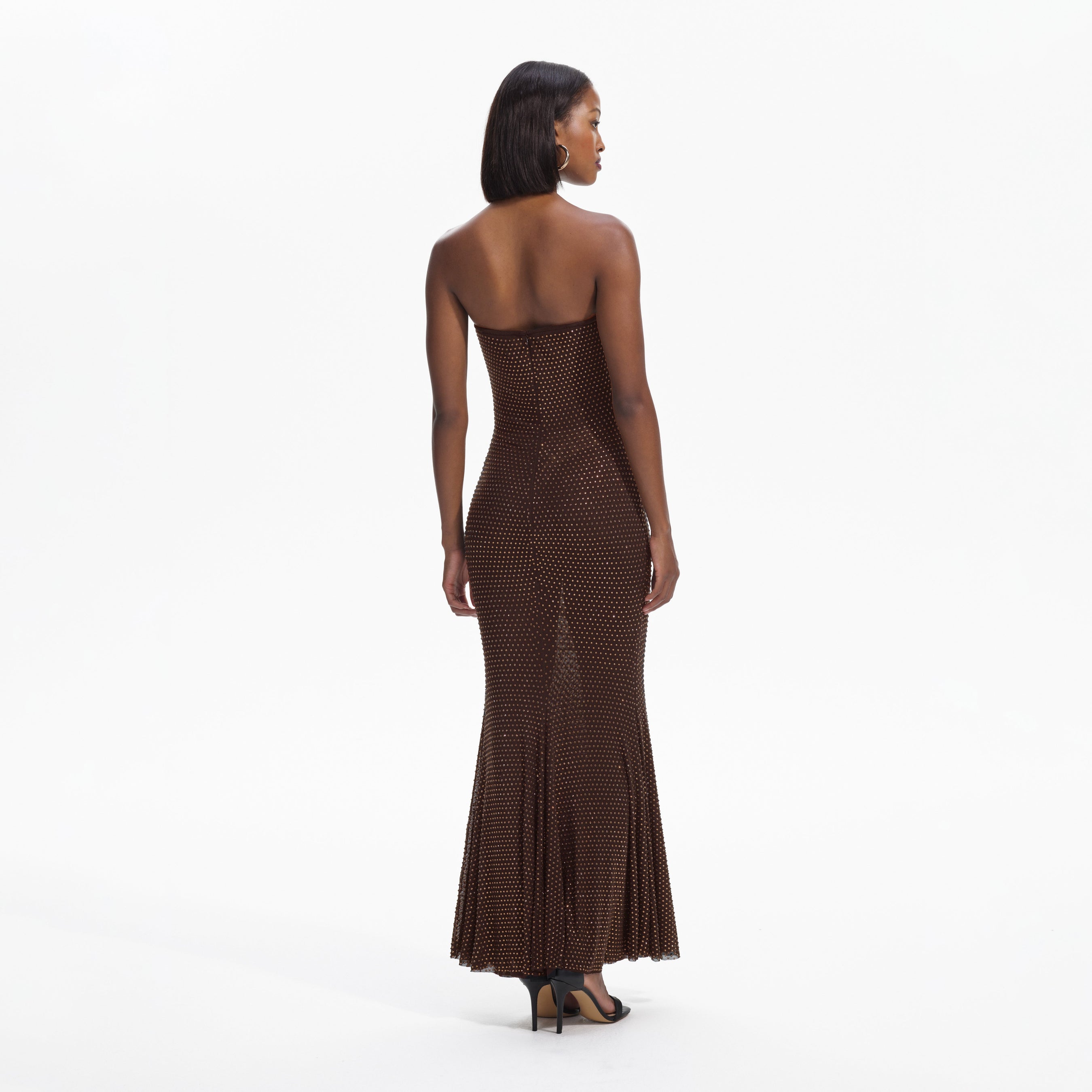 Brown Rhinestone Mesh Maxi Dress