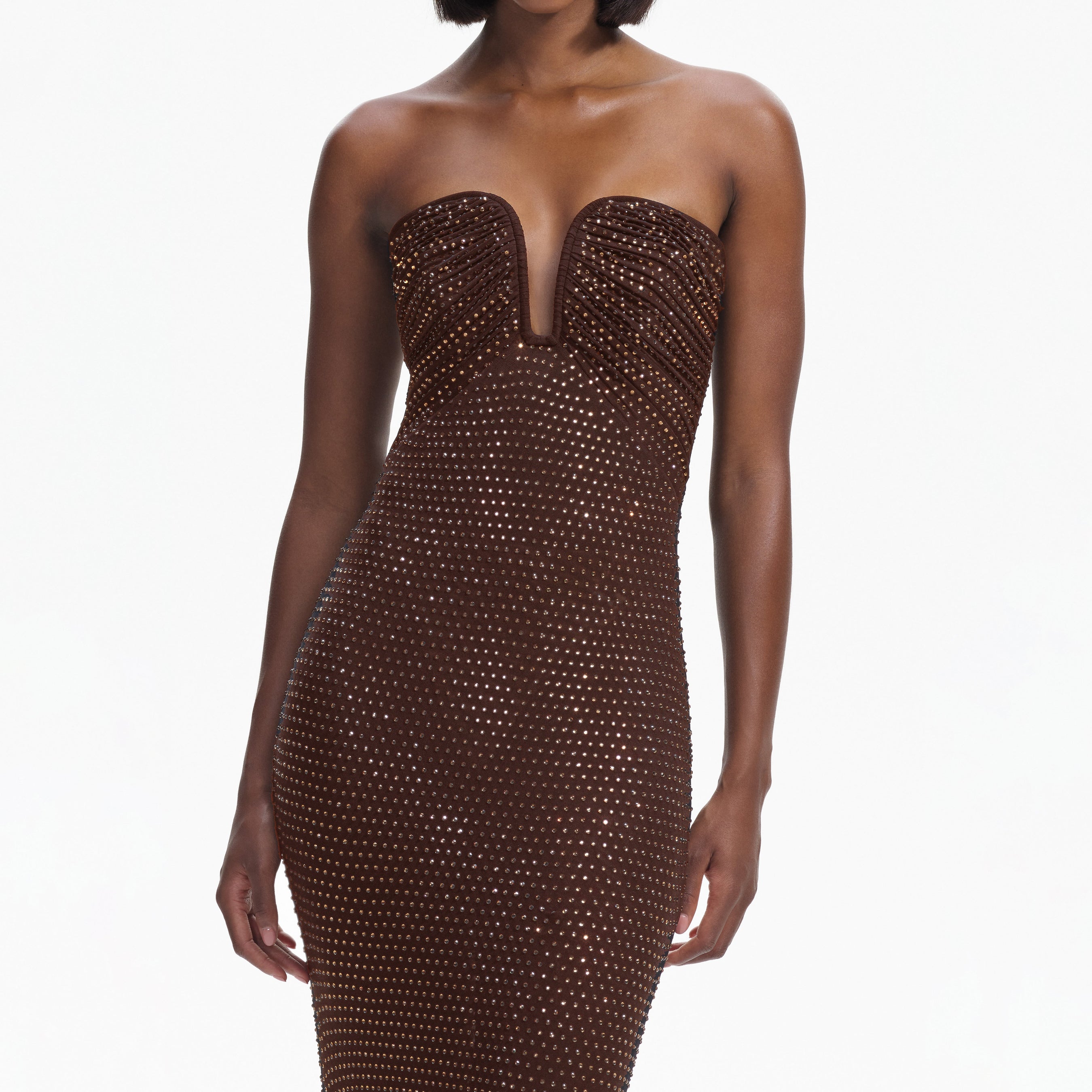 Brown Rhinestone Mesh Maxi Dress