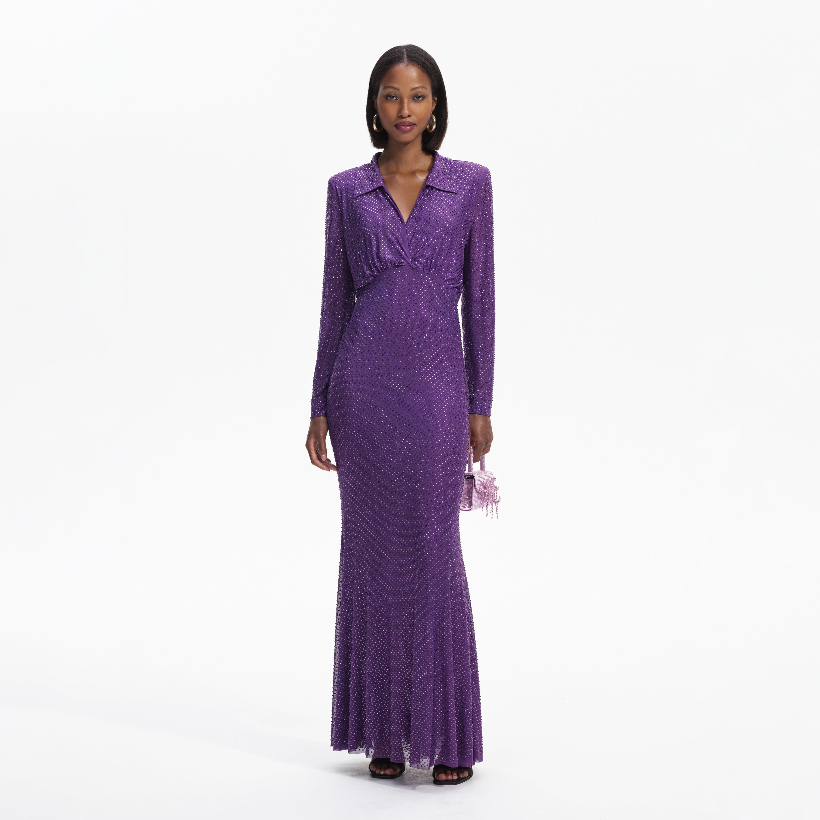 Purple Rhinestone Mesh Maxi Dress