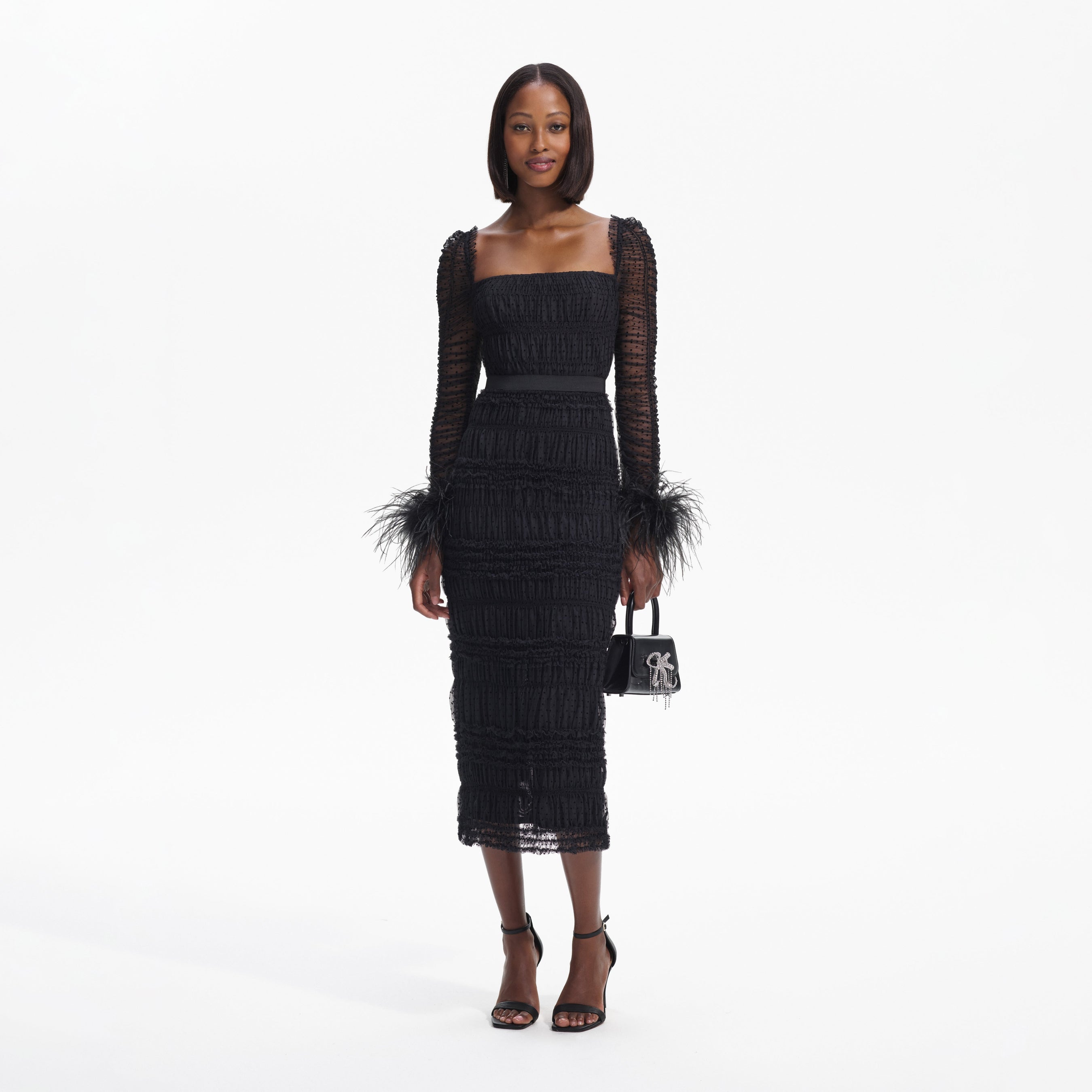 Black Dot Mesh Feather Midi Dress