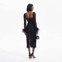 Black Dot Mesh Feather Midi Dress