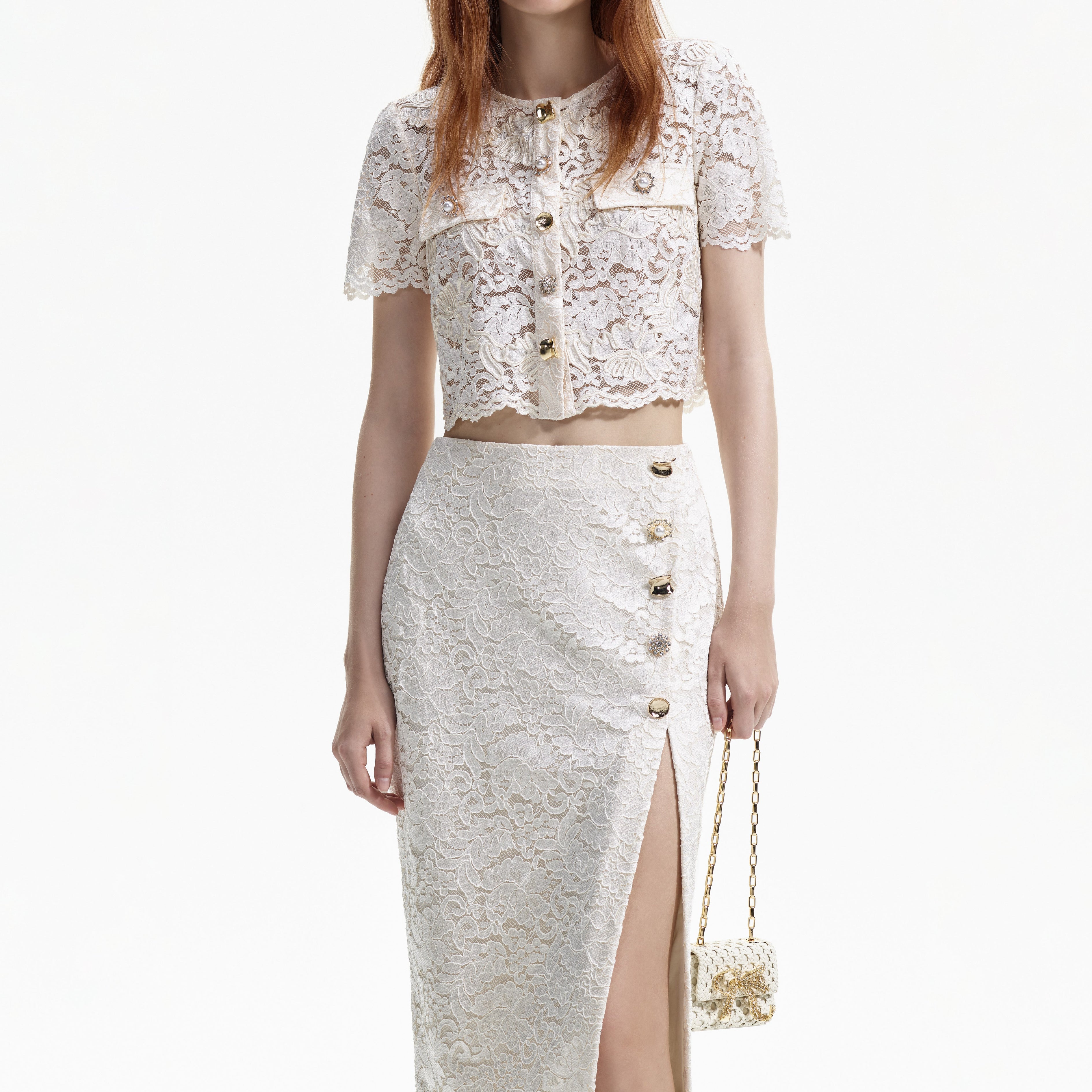 Cream Cord Lace Split Midi Skirt