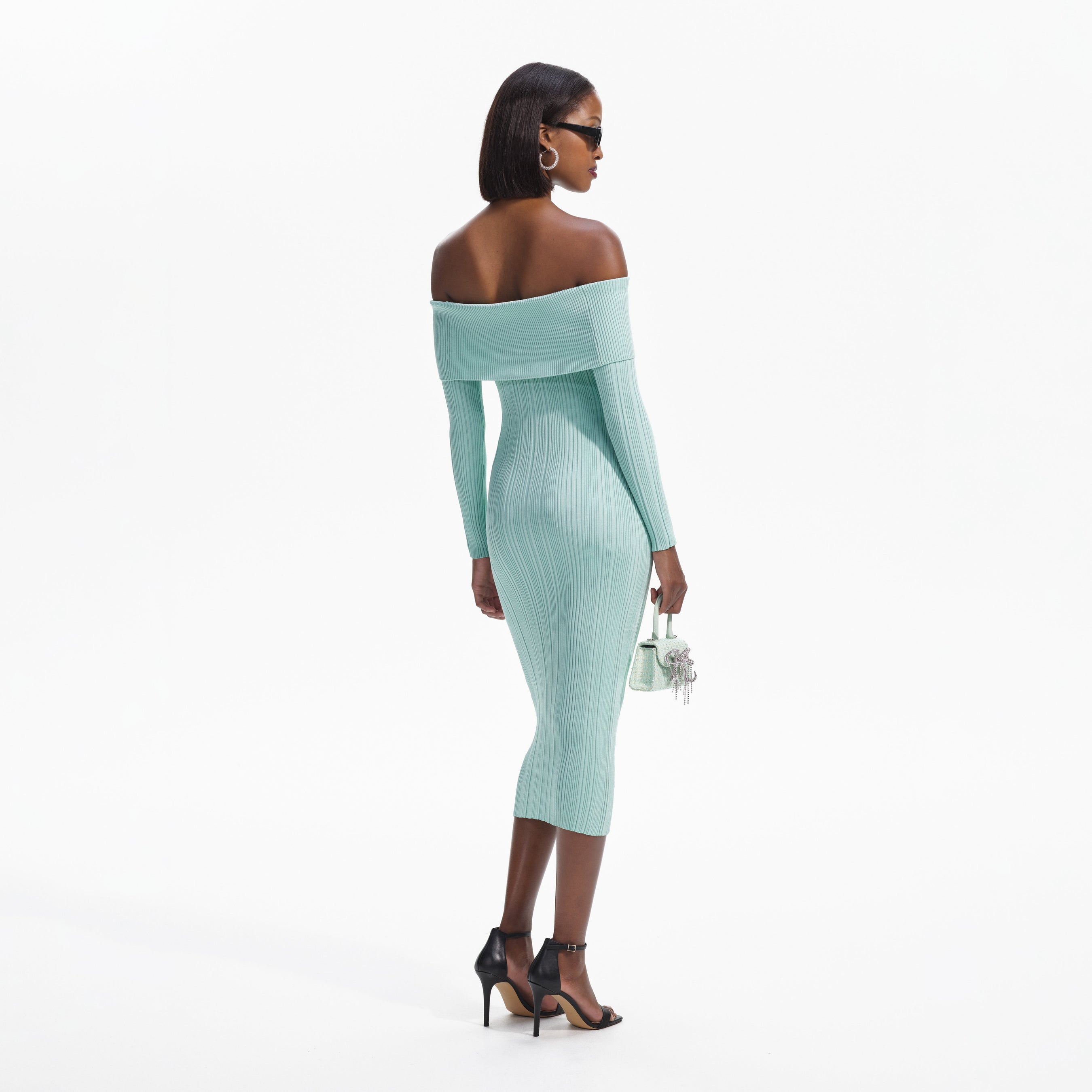 Mint Off Shoulder Knit Midi Dress