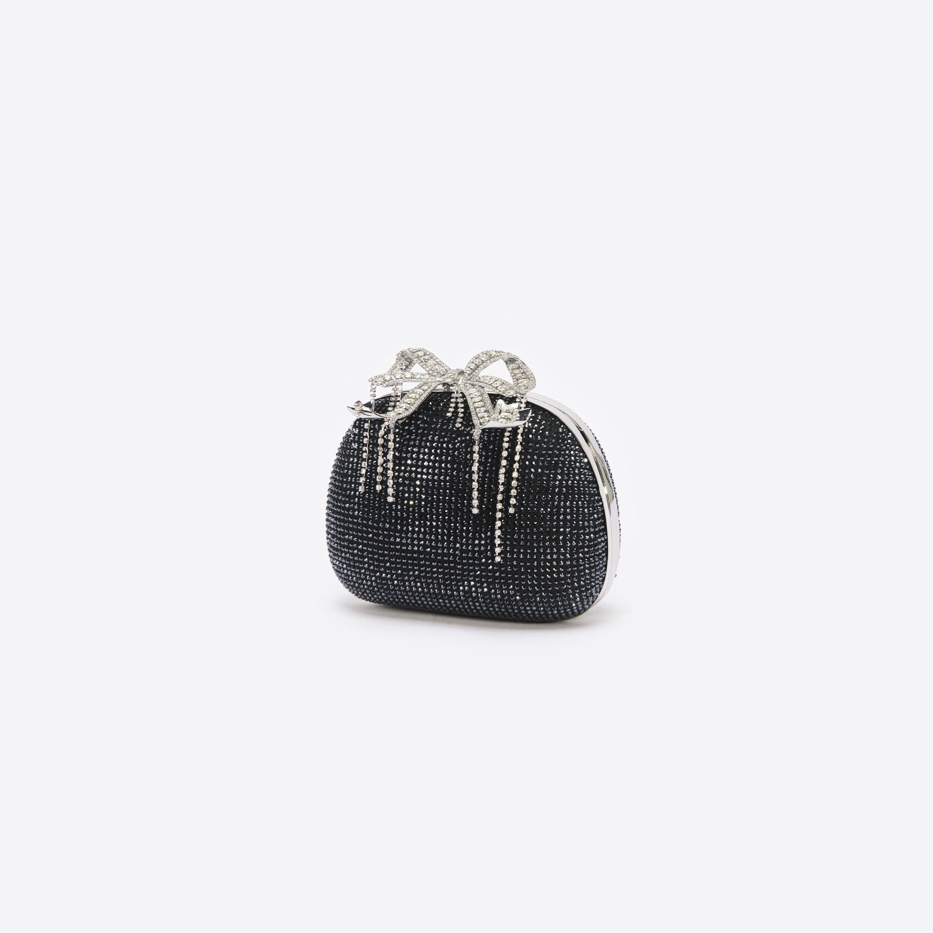 Side view of a woman wearing the Black Satin Rhinestone Clutch Bag