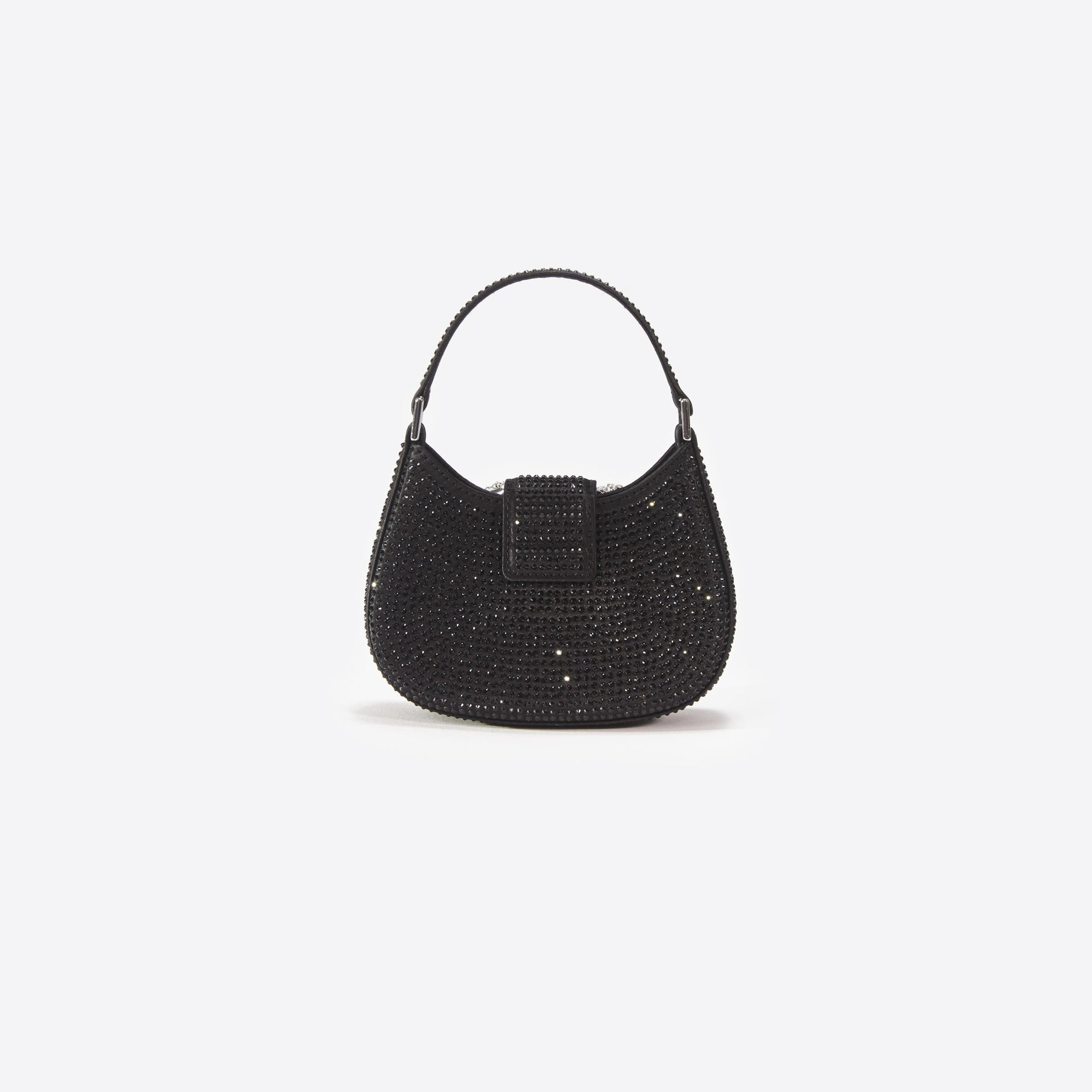 Side view of a woman wearing the Black Rhinestone Micro Crescent Bag