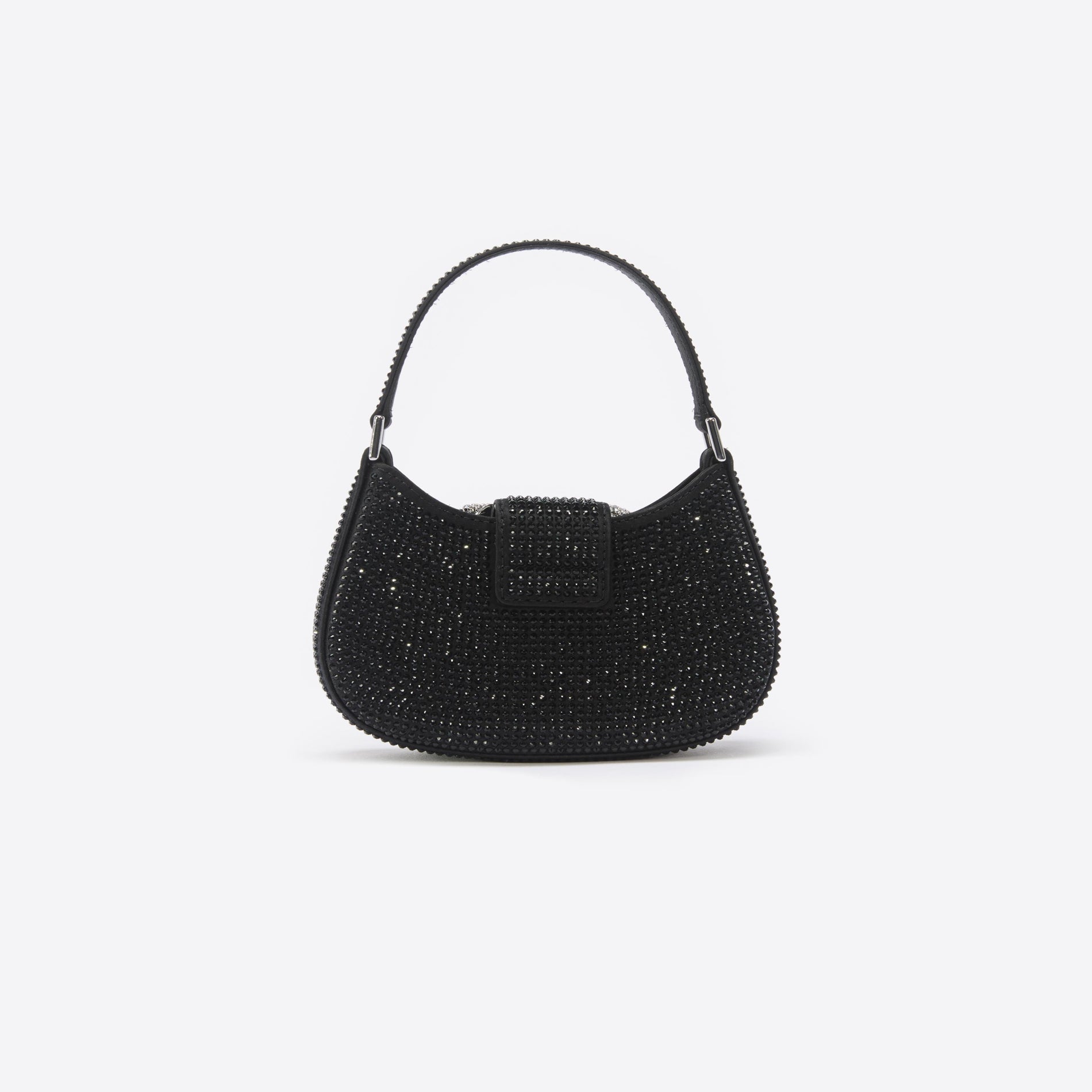 Back view of a woman wearing the Black Rhinestone Mini Crescent Bag