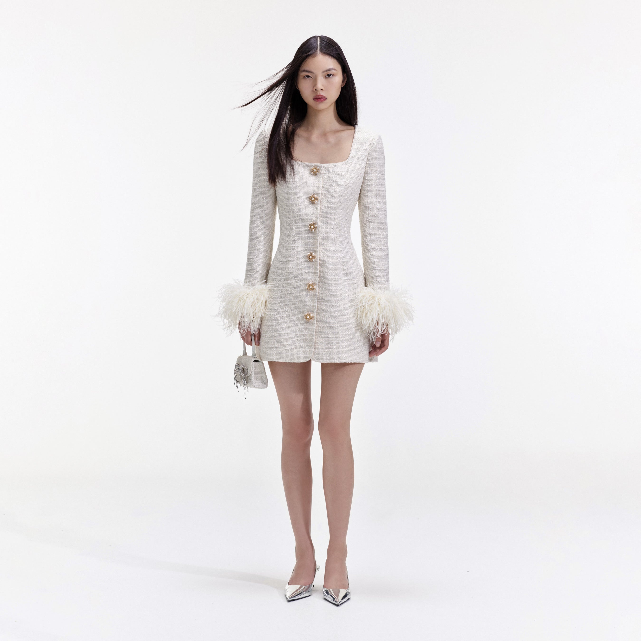 Cream Boucle Feather Mini Dress