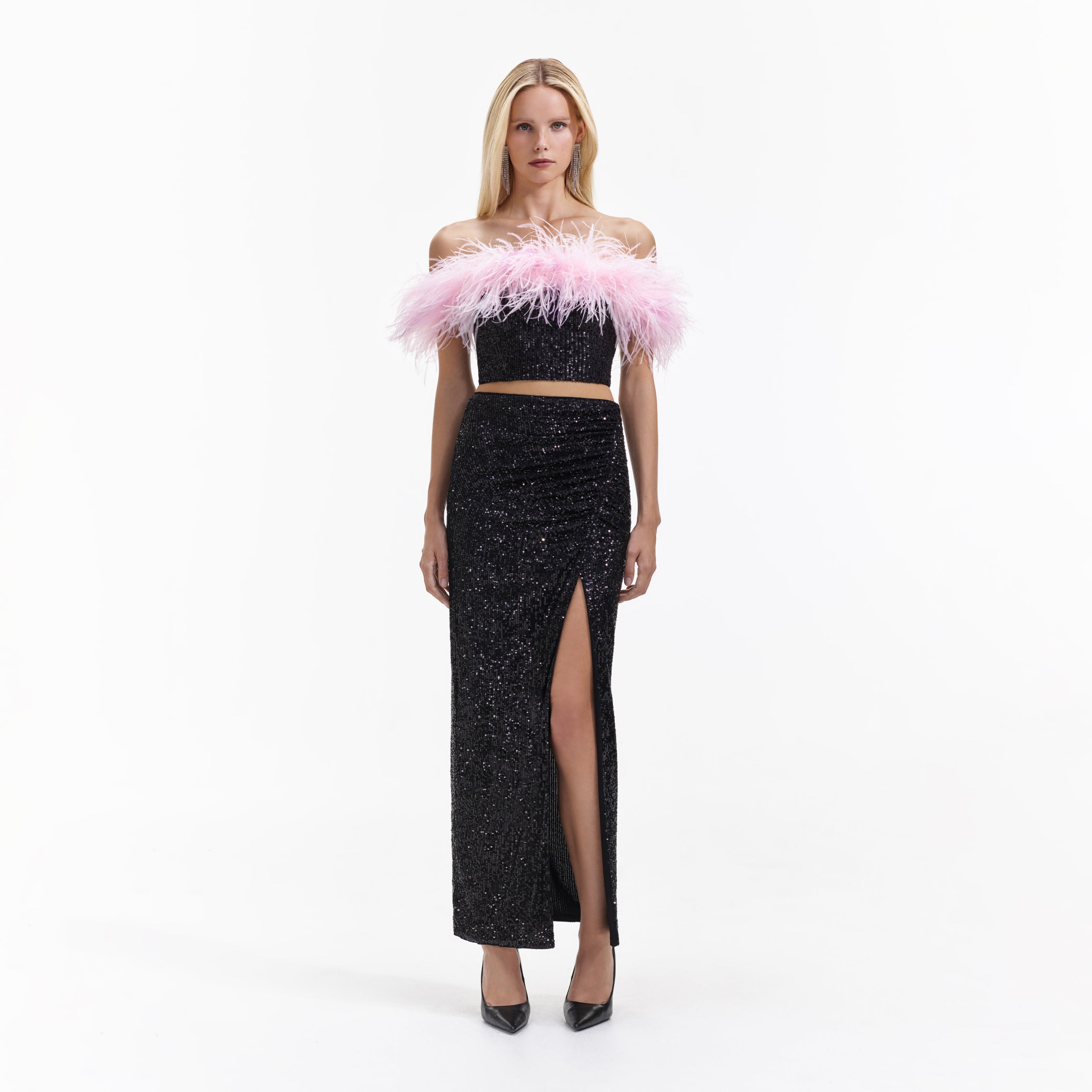 Black Sequin Feather Crop Top