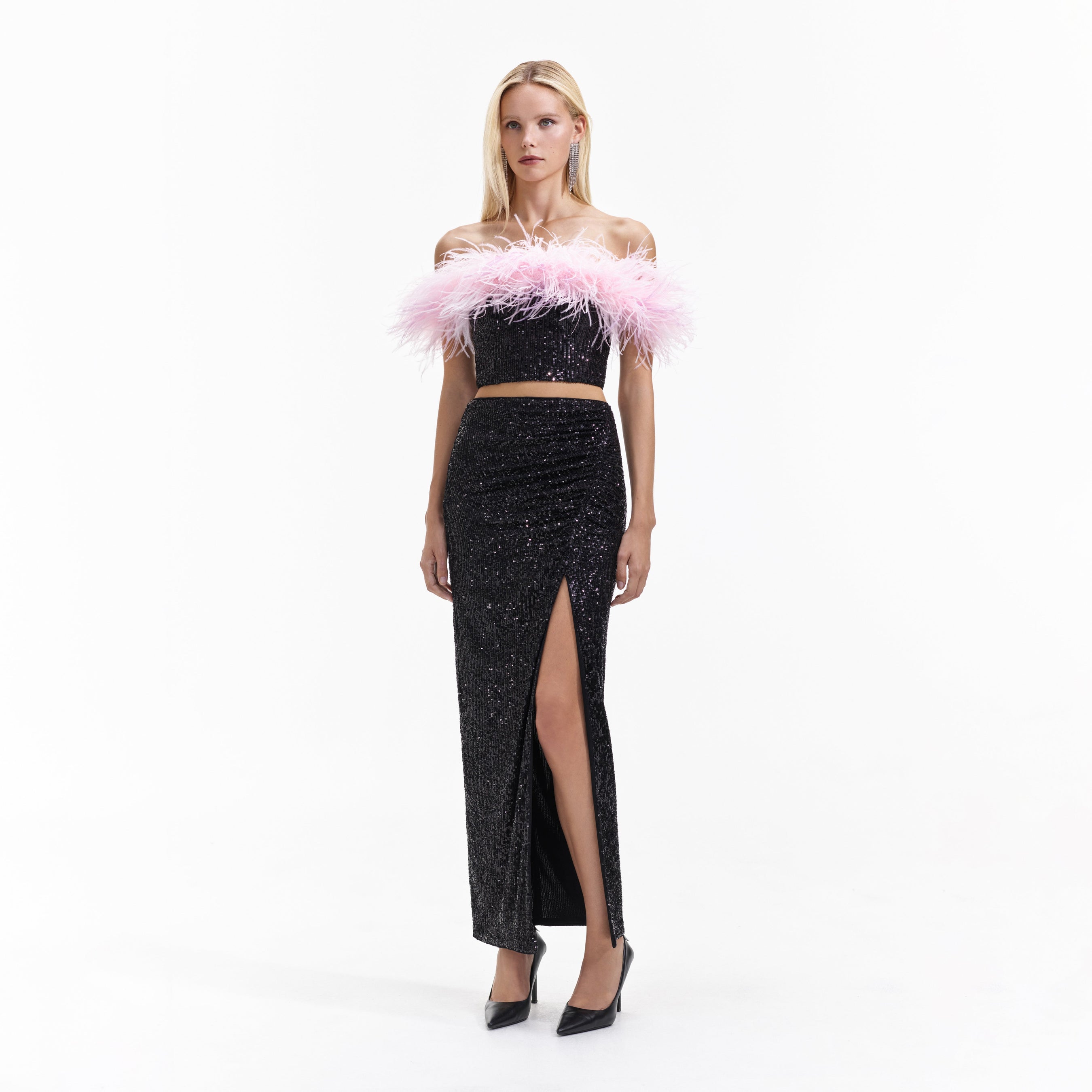 Black Sequin Feather Crop Top