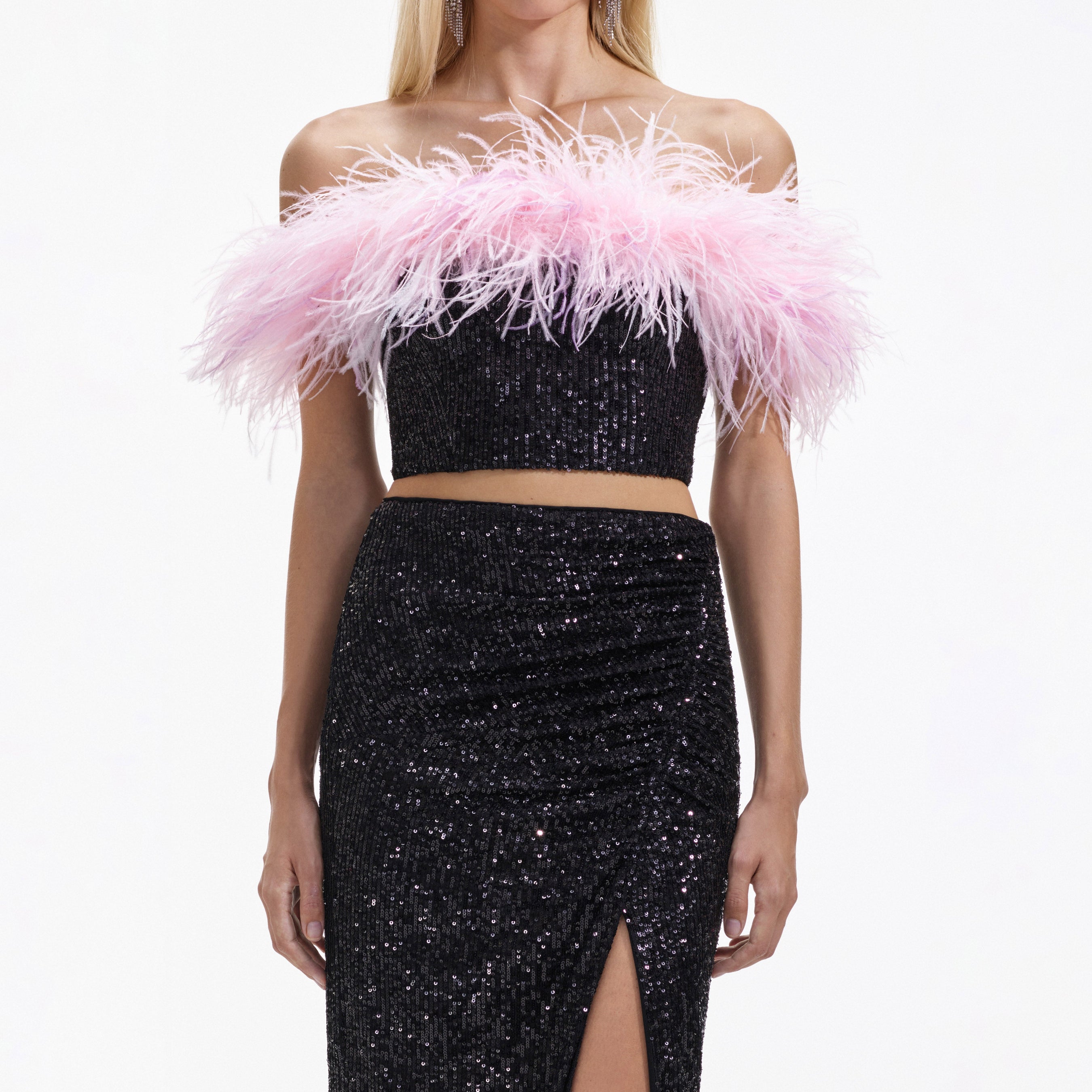 Black Sequin Feather Crop Top