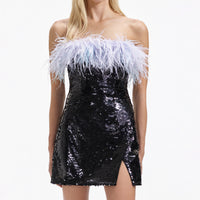 Black Sequin Feather Mini Dress