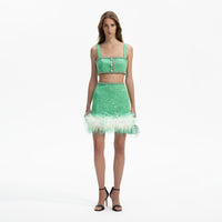 Green Boucle Feather Mini Skirt