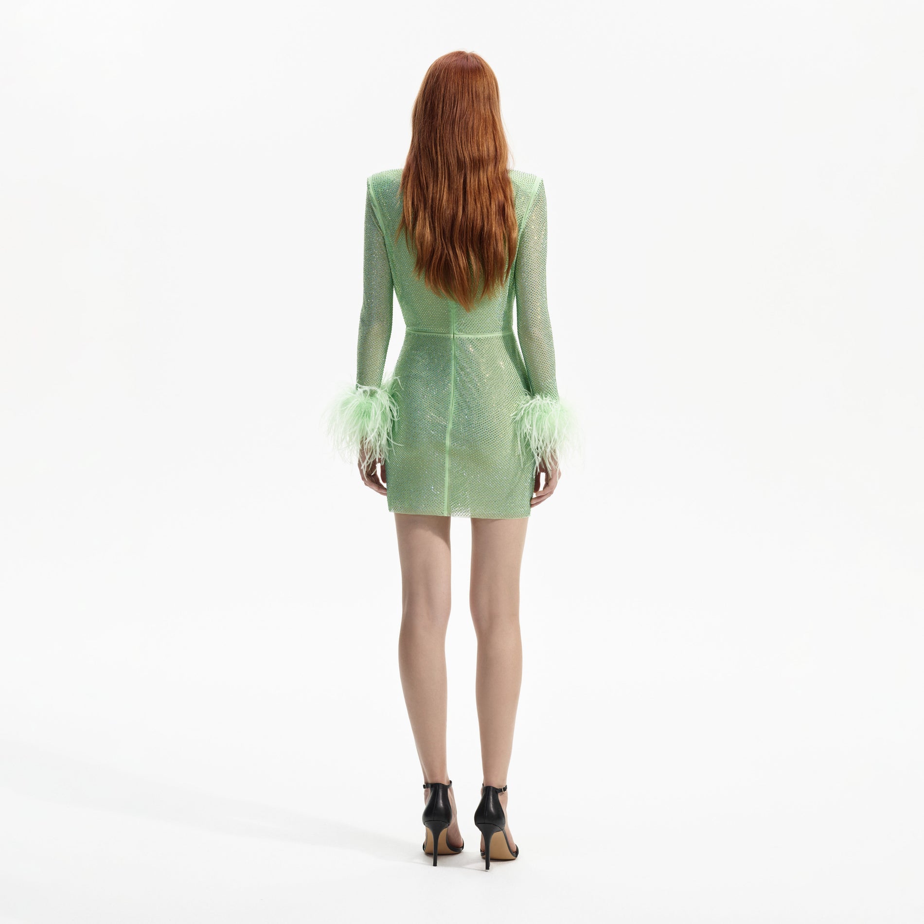 Green Rhinestone Feather Mini Dress
