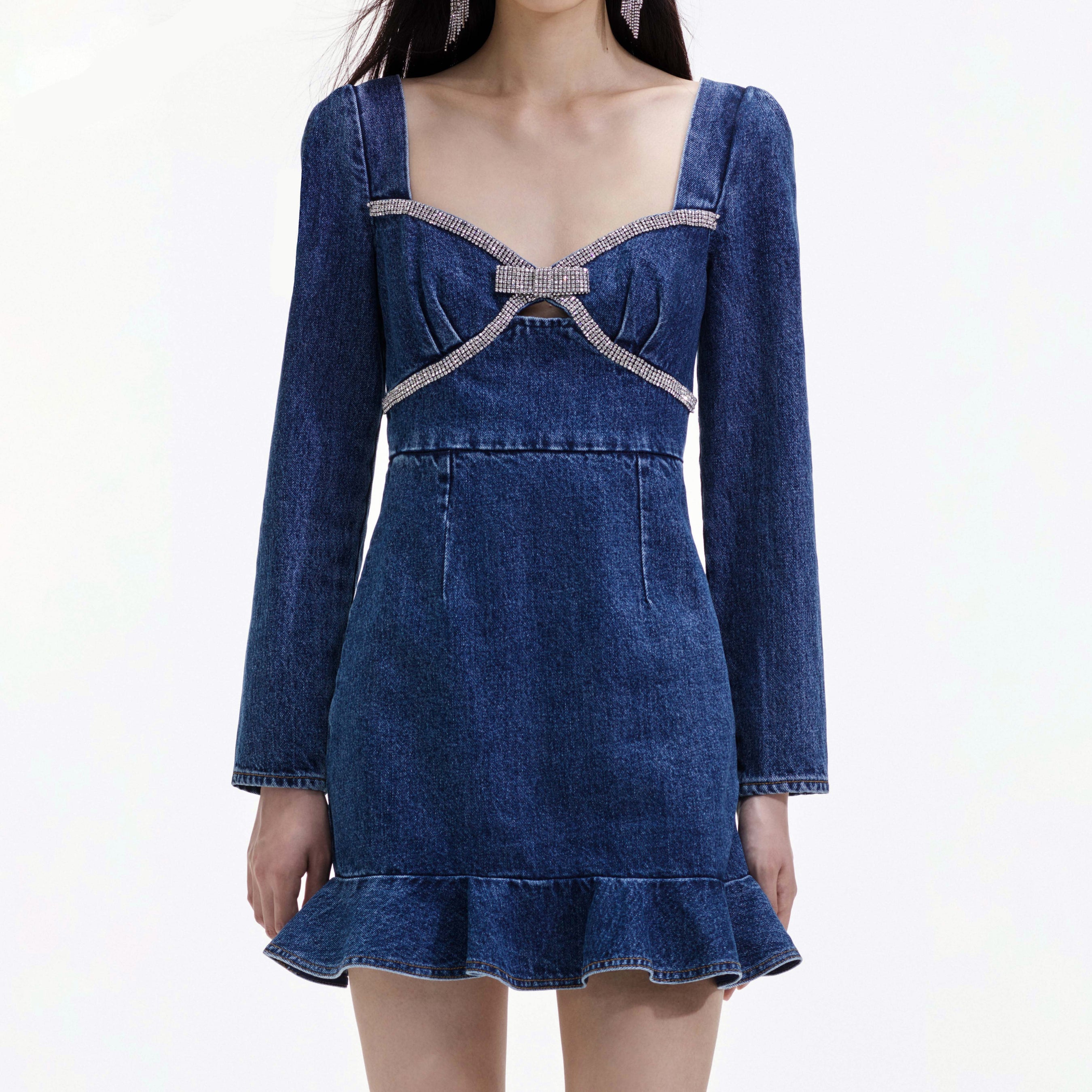 Denim Diamante Bow Mini Dress