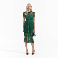 Green Lace Button Front Midi Dress