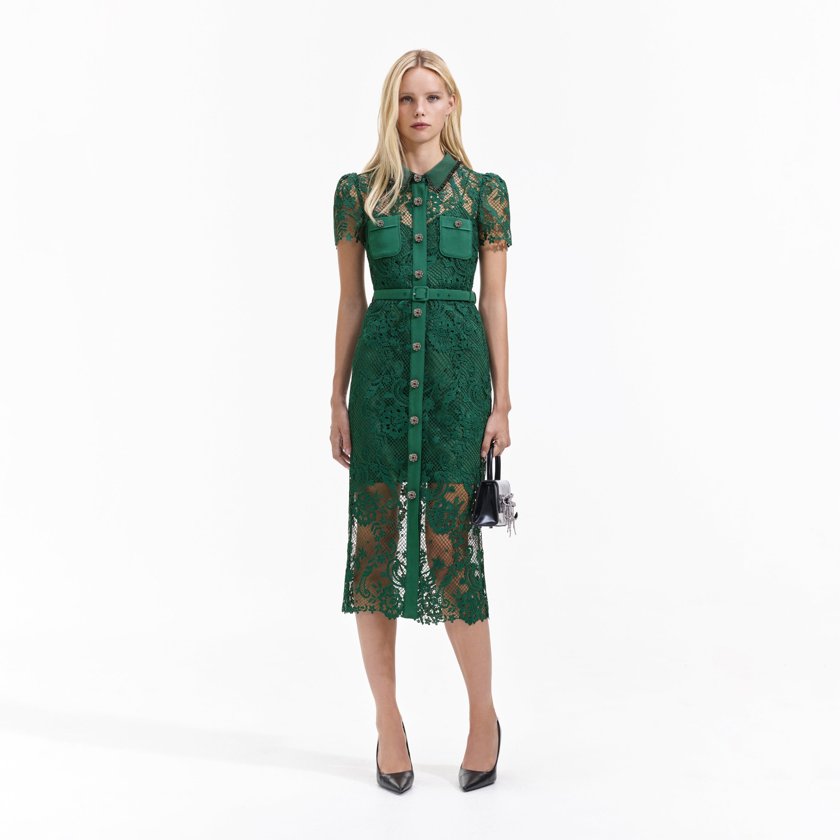 Green Lace Button Front Midi Dress