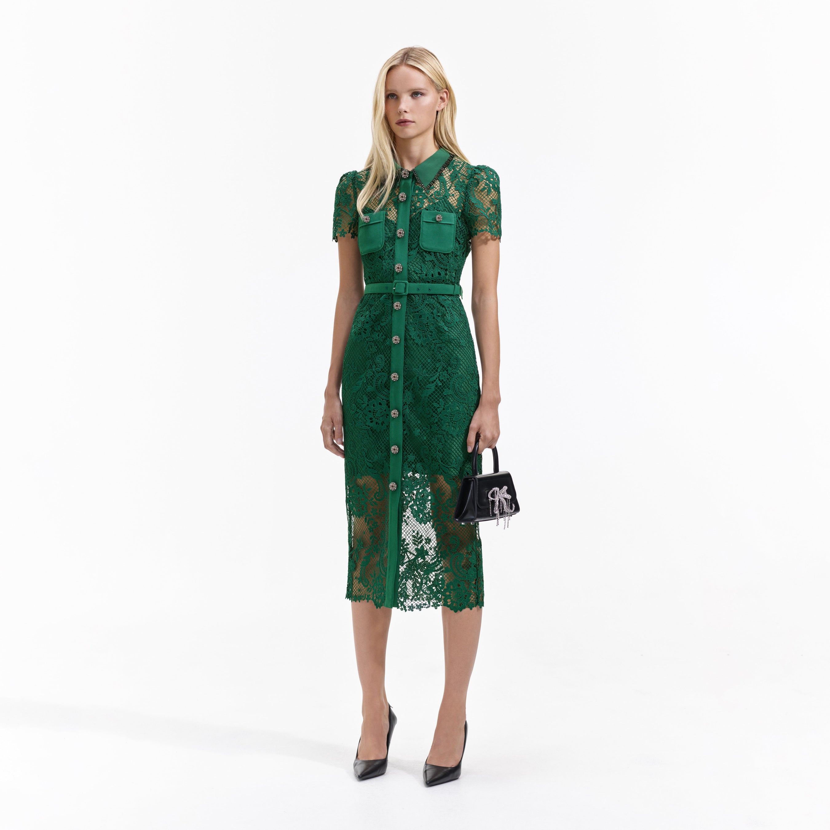 Green Lace Button Front Midi Dress