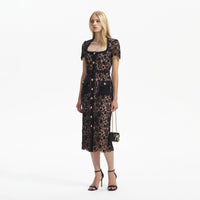 Black Guipure Lace Short Sleeve Midi Dress