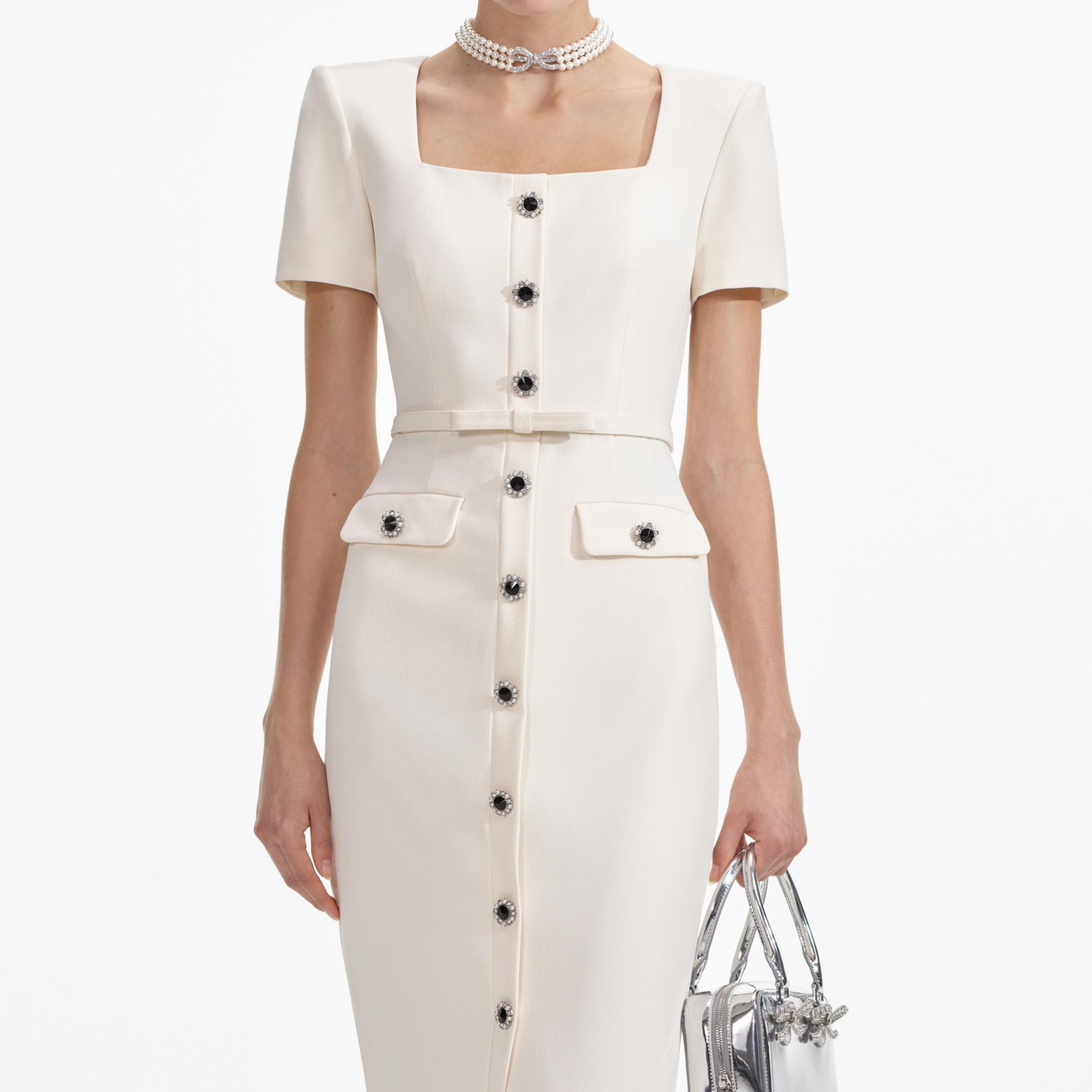 Cream Crepe Button Midi Dress