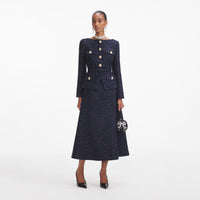 Navy Metallic Boucle Midi Dress